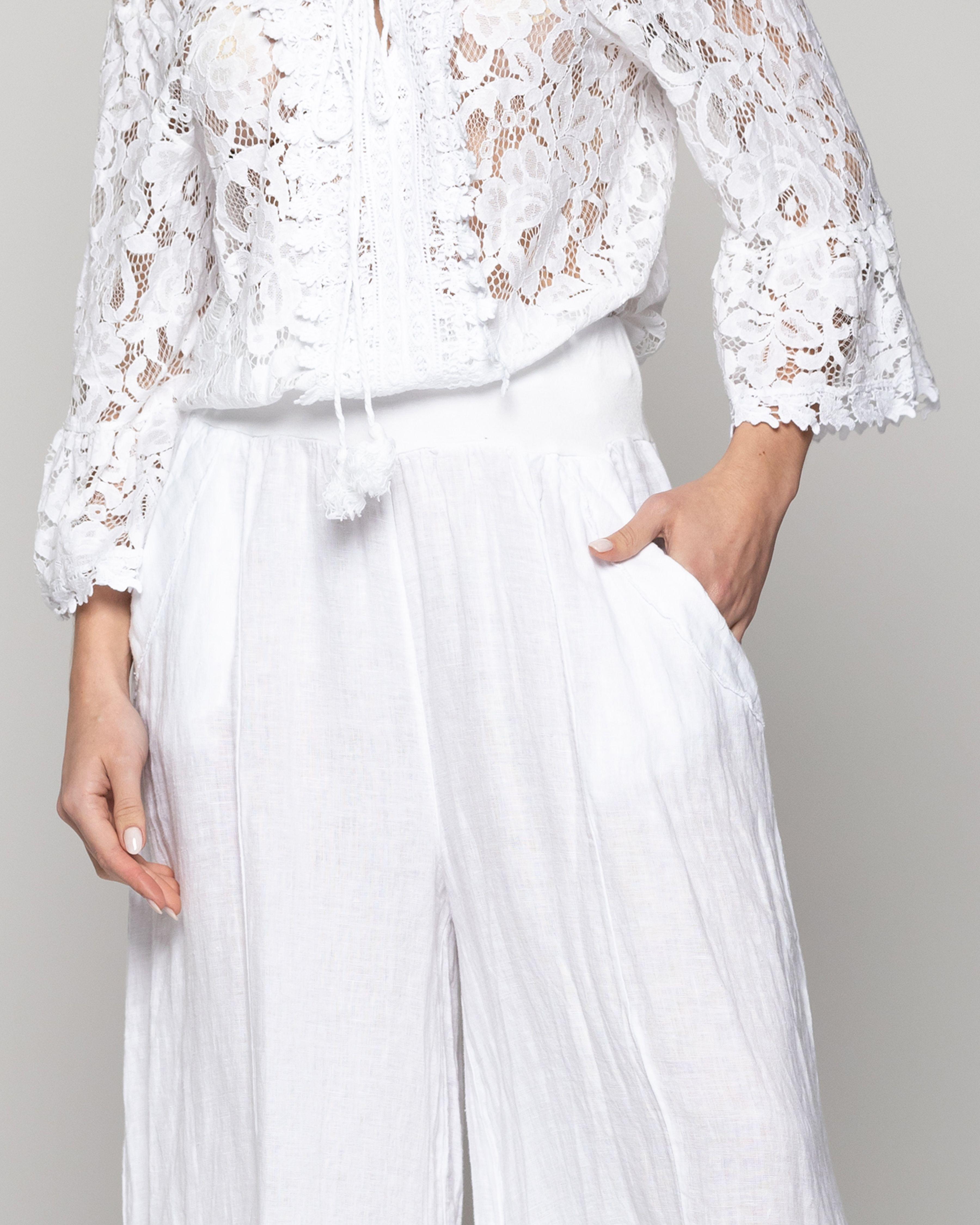 Pantalón Mujer Cristina De Lino Ancho Con Cintura Elasticada Blanco Lineatre-3