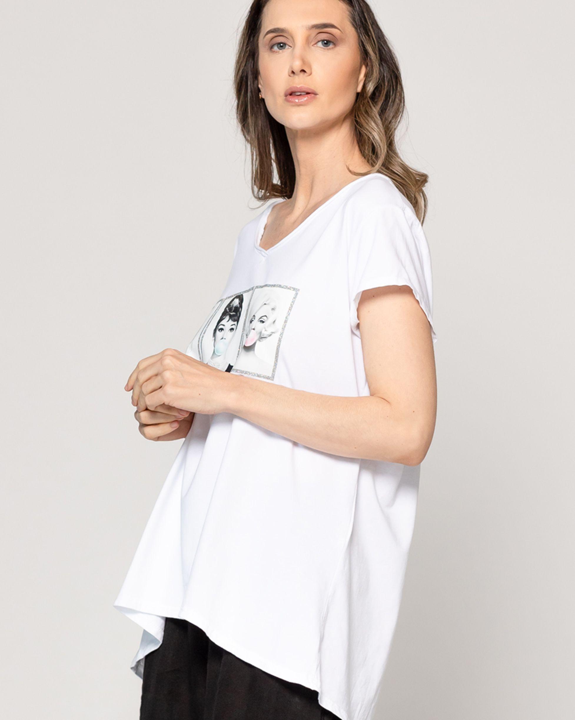 Polera Mujer Odelia Estampado Íconos Retro Blanca Lineatre-3