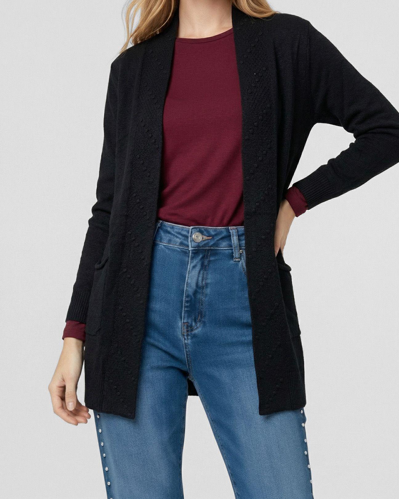 Cardigan Mujer Paola Relaxed Cuello Tipo Kimono Manga Caída Negro Lineatre-2