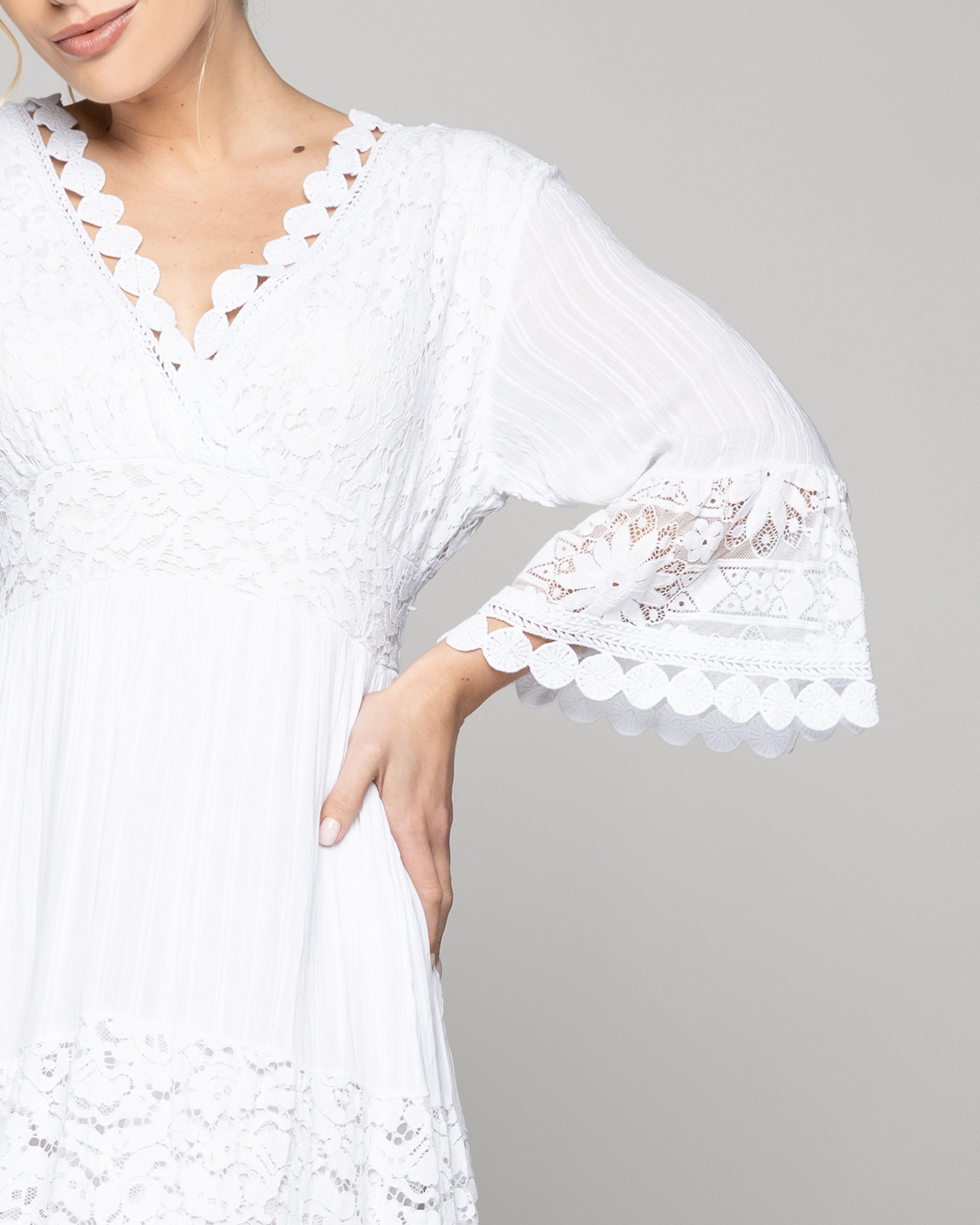 Vestido Mujer Vivi Largo Midi Con Adornos De Encaje Blanco Lineatre-2