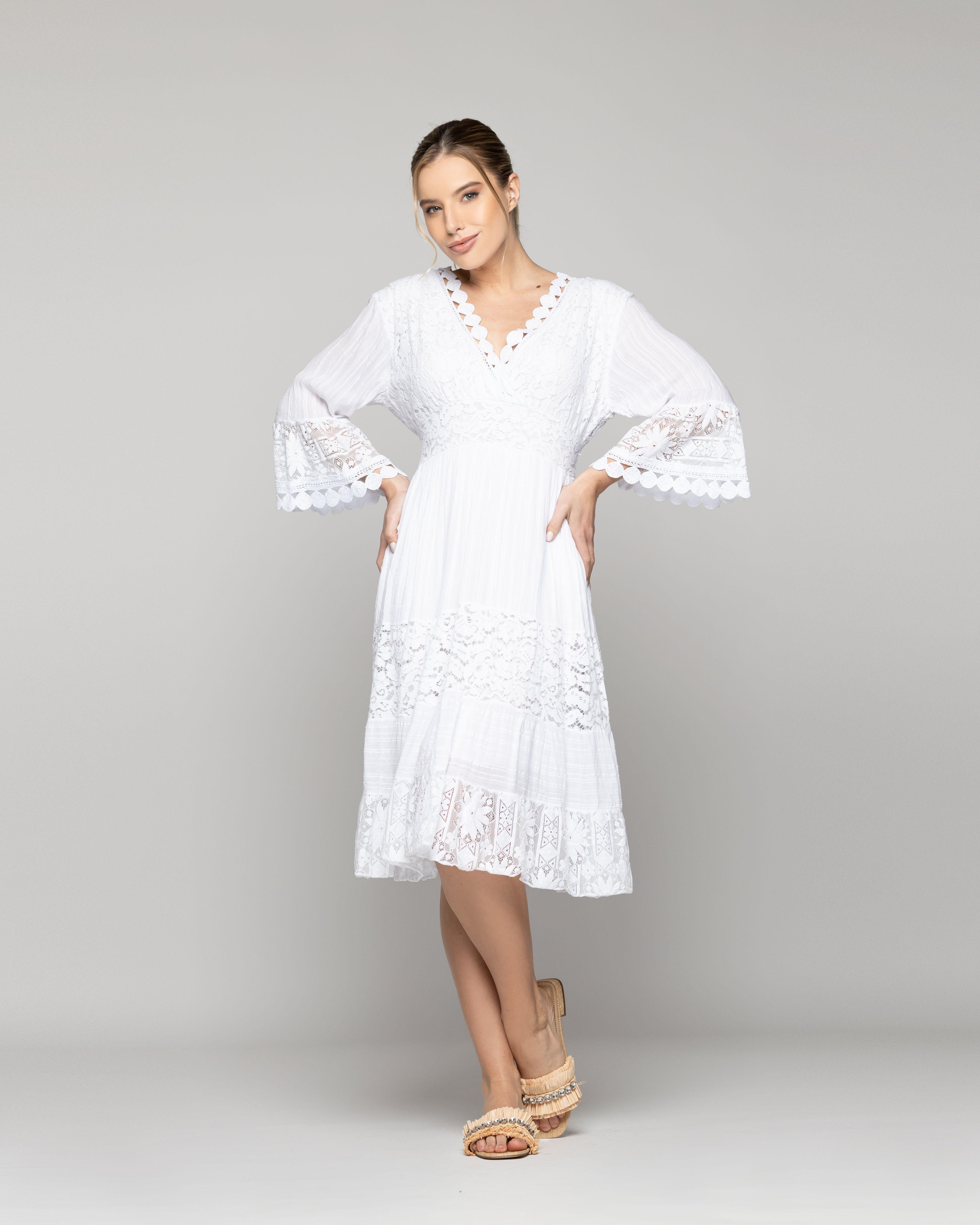 Vestido Mujer Vivi Largo Midi Con Adornos De Encaje Blanco Lineatre-4