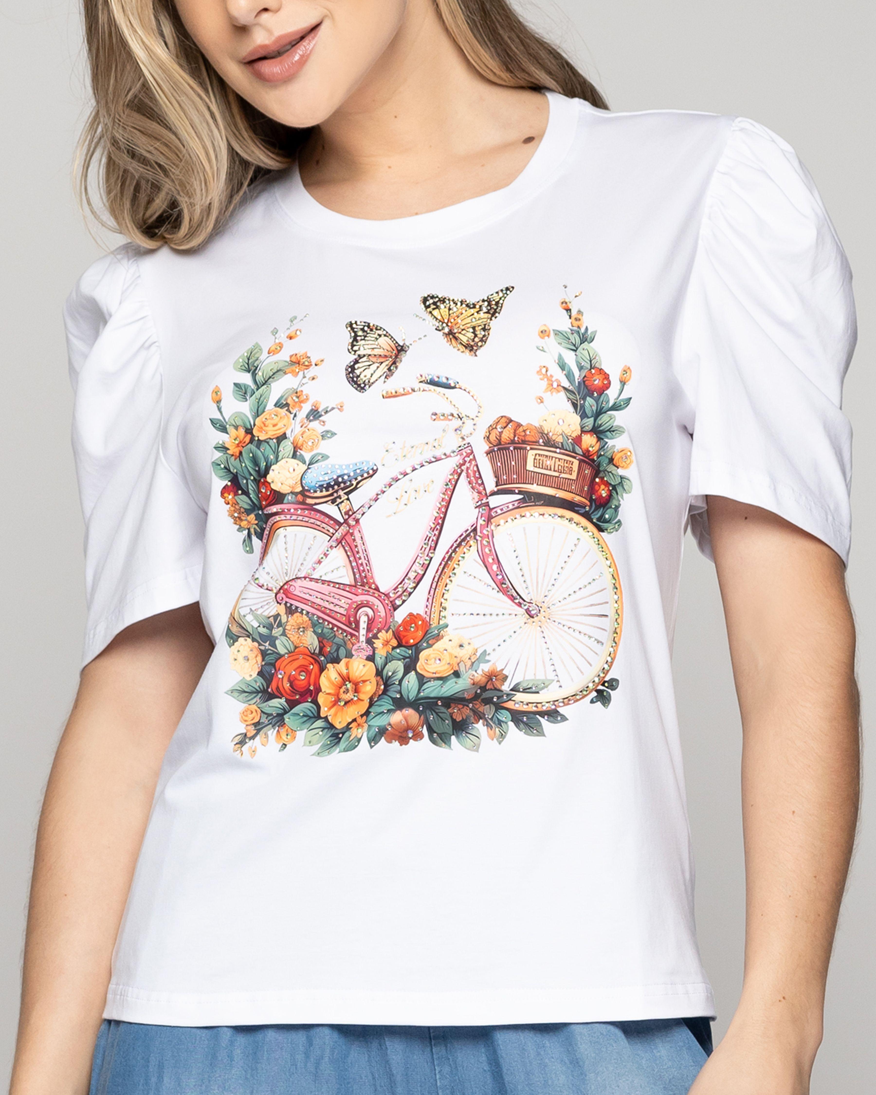 Polera Mujer Ofelia Manga Corta Con Estampado De Bicicleta Blanca Lineatre-2