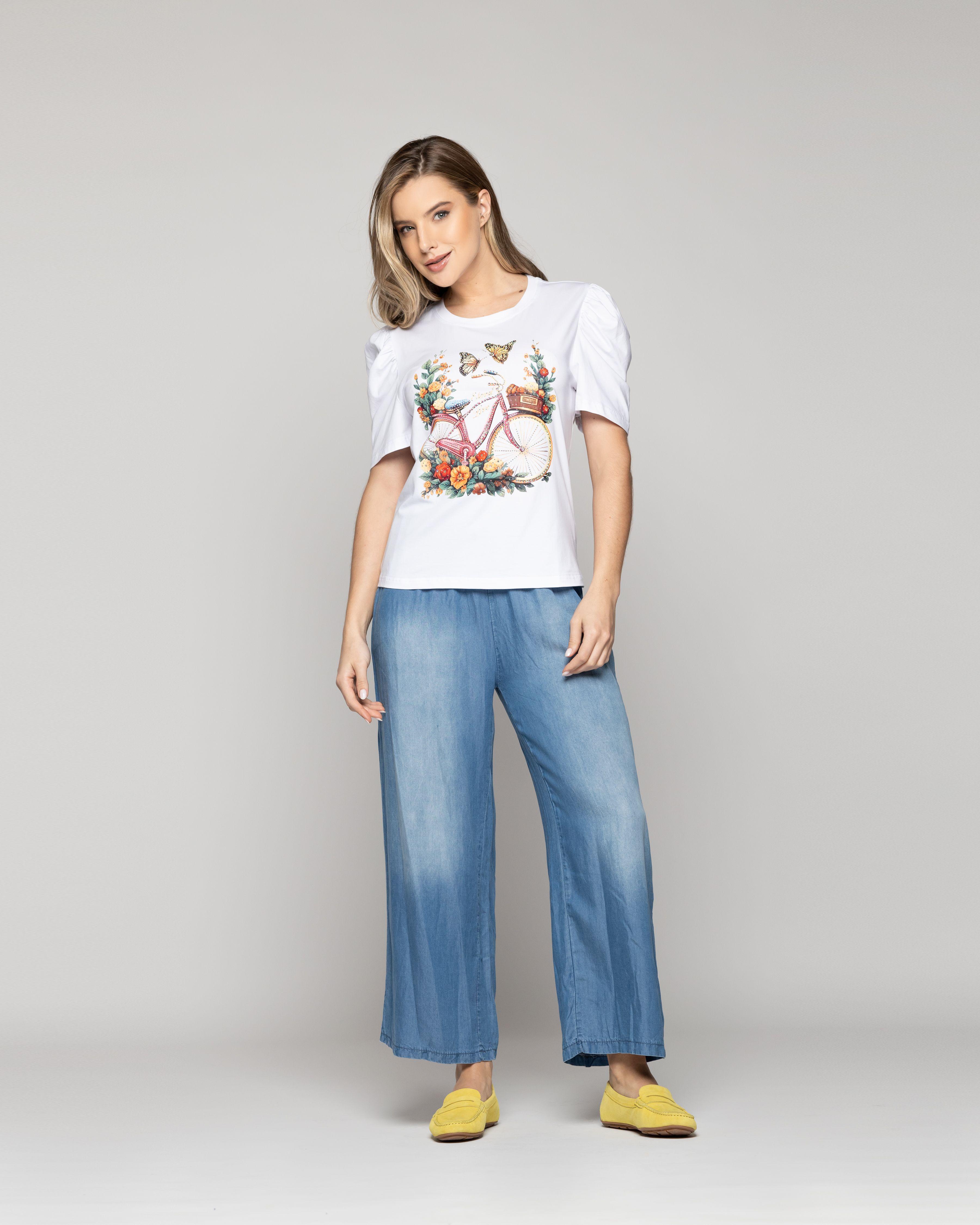 Polera Mujer Ofelia Manga Corta Con Estampado De Bicicleta Blanca Lineatre-4