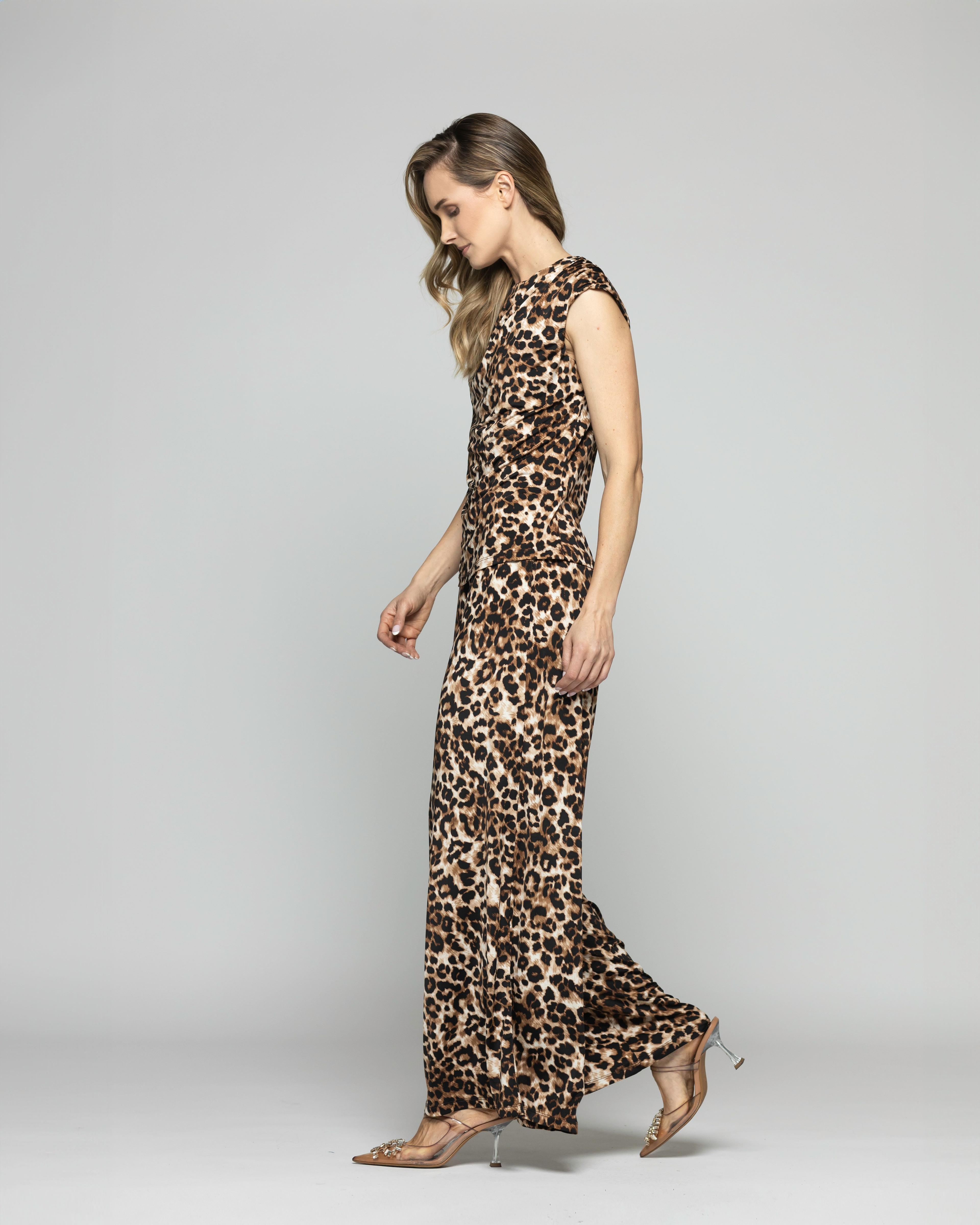 Polera Mujer Manzanilla Sin Mangas Drapeado Hombro Animal Print Café Ludovica-1