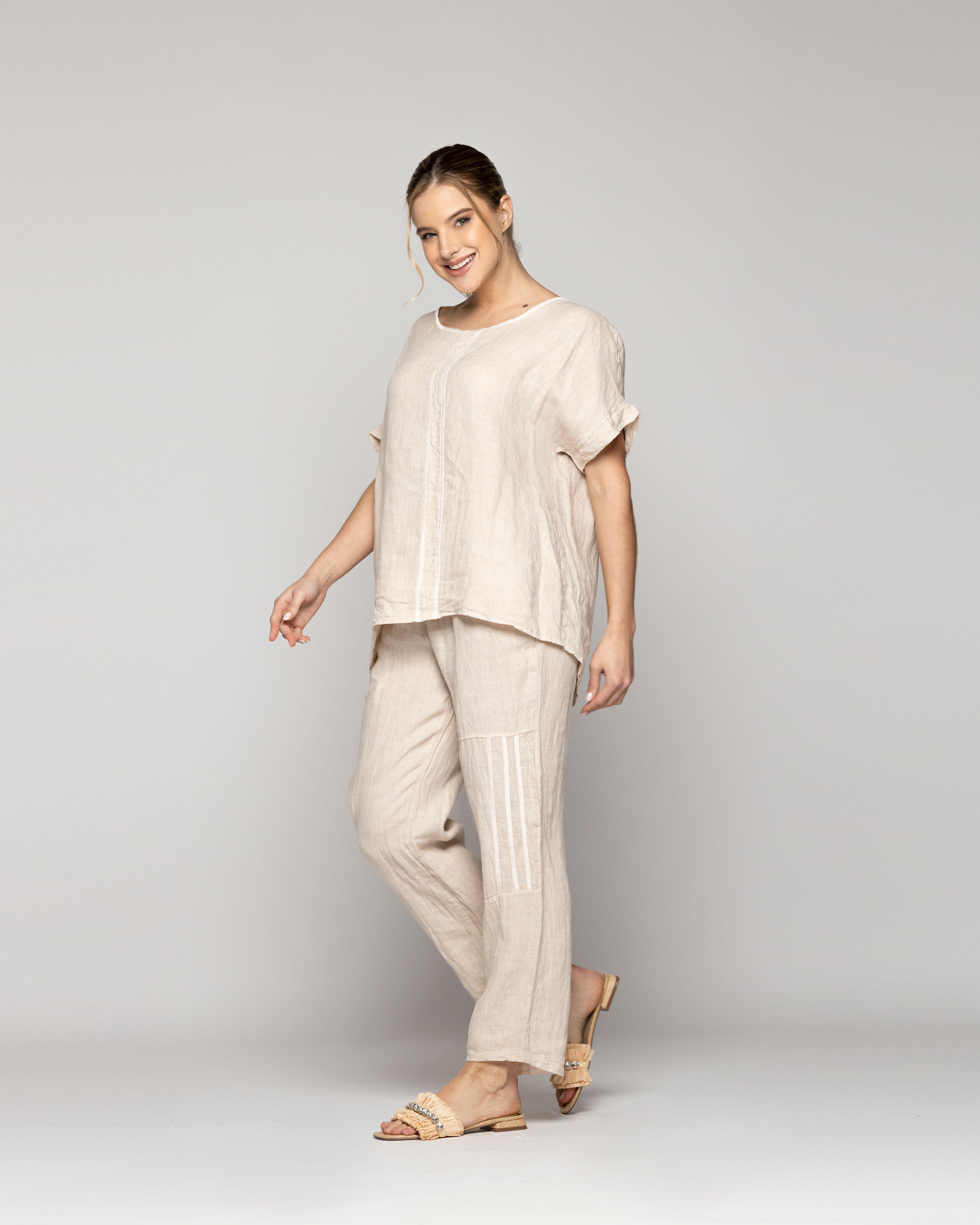 Blusa Mujer Bianca Manga Corta Beige Lineatre-4