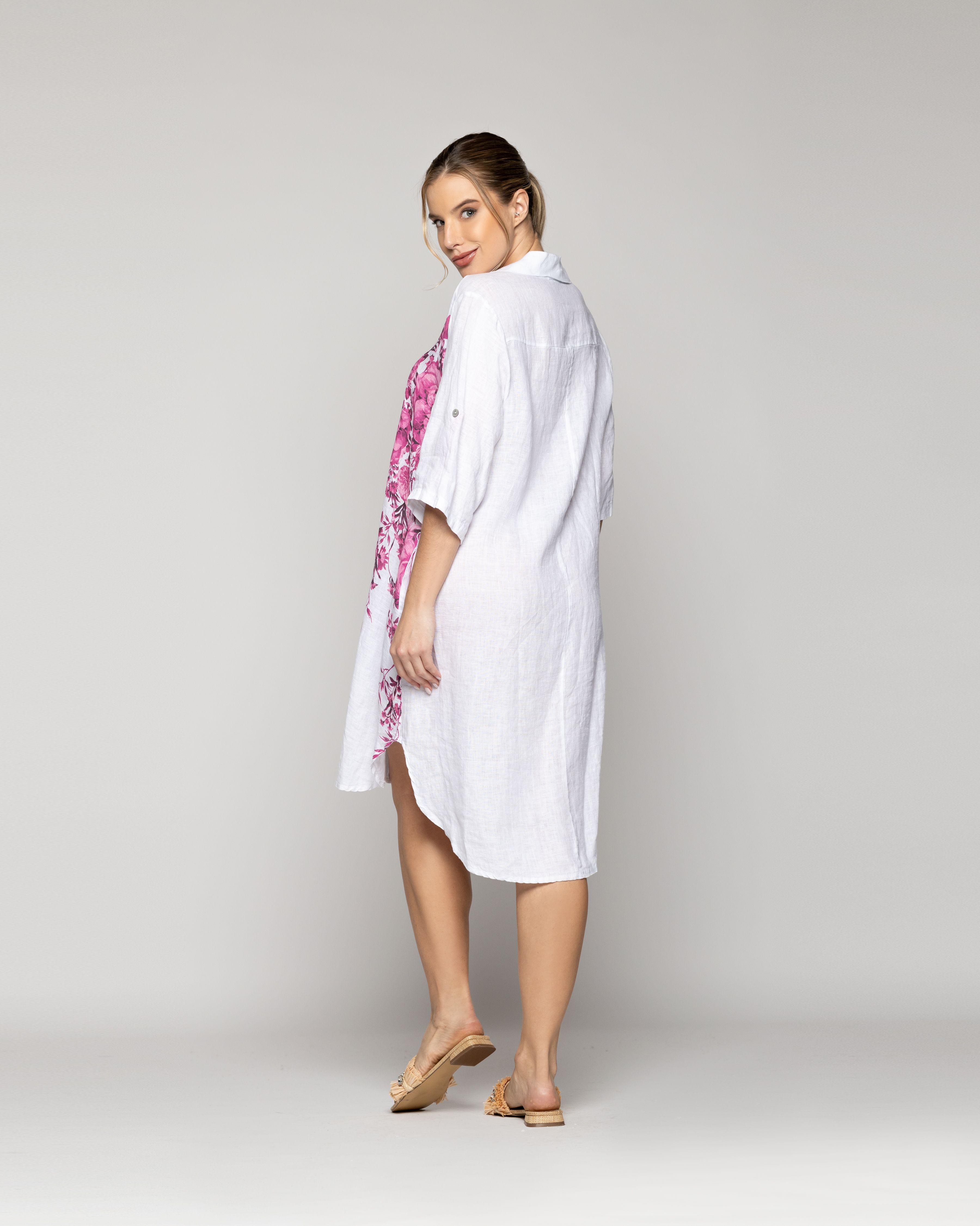 Blusón Mujer Betania De Lino Con Estampado De Flores Fucsia Lineatre-3