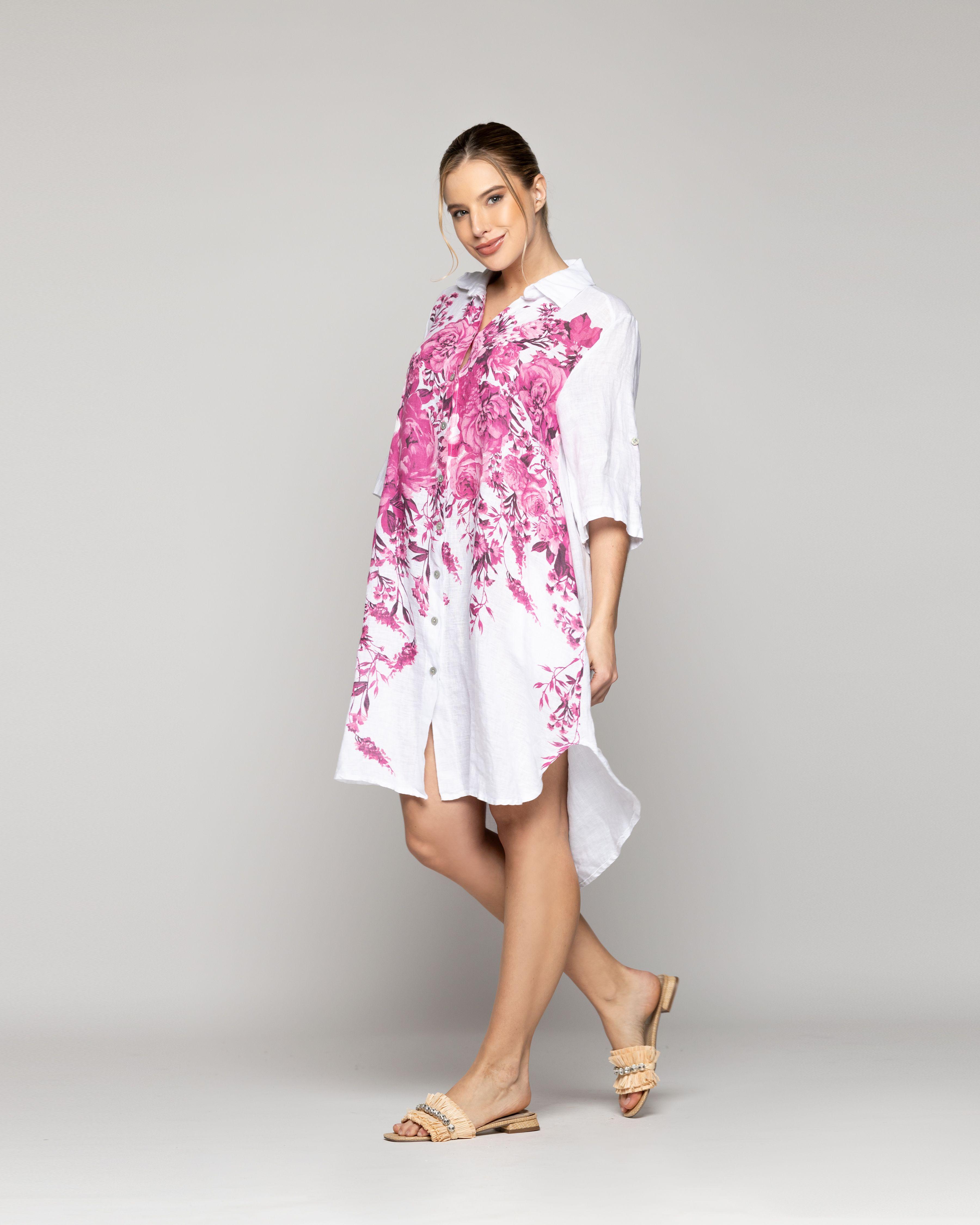 Blusón Mujer Betania De Lino Con Estampado De Flores Fucsia Lineatre-4