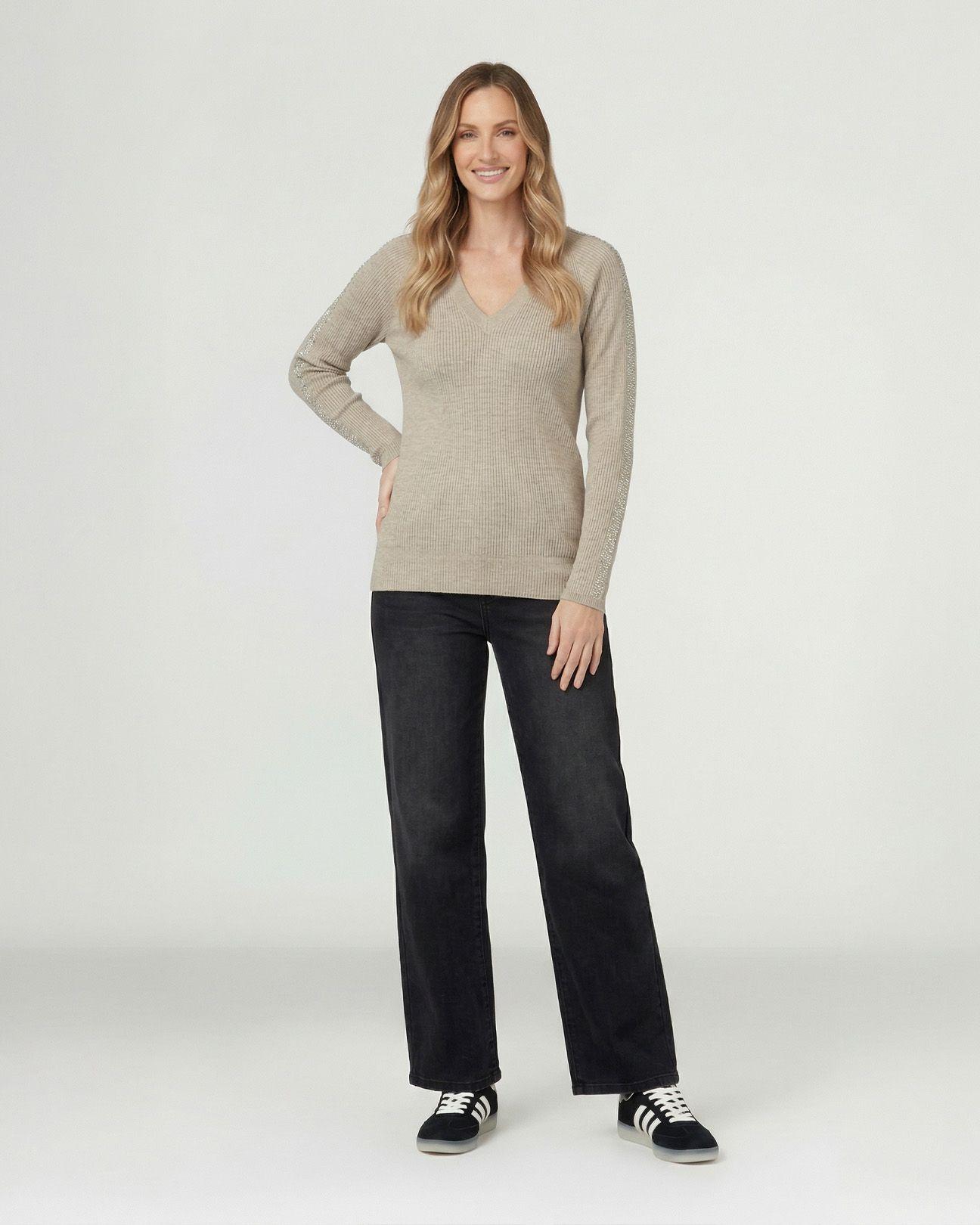 Sweater Mujer Ornella Relaxed Cuello En V Manga Caída Fango Lineatre-3