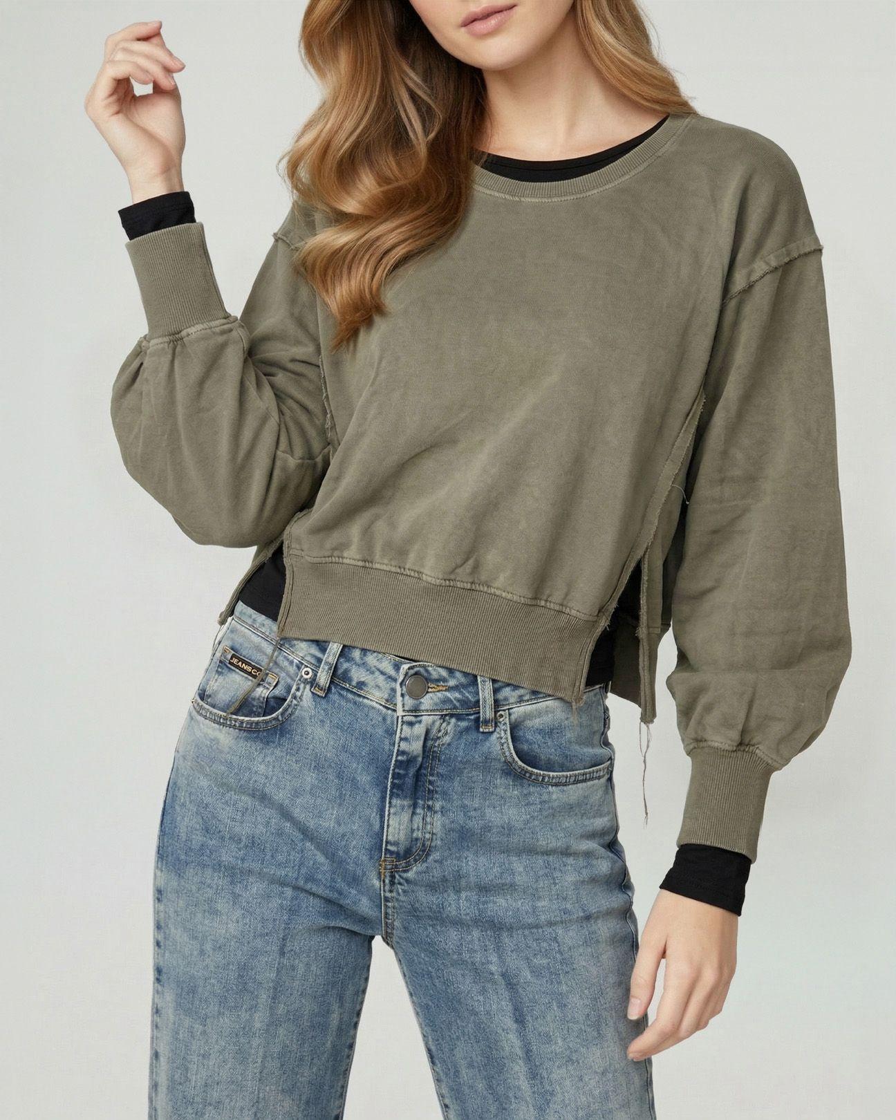 Poleron Mujer Zoe Overside Cuello Redondo Manga Caída Fango Lineatre-2