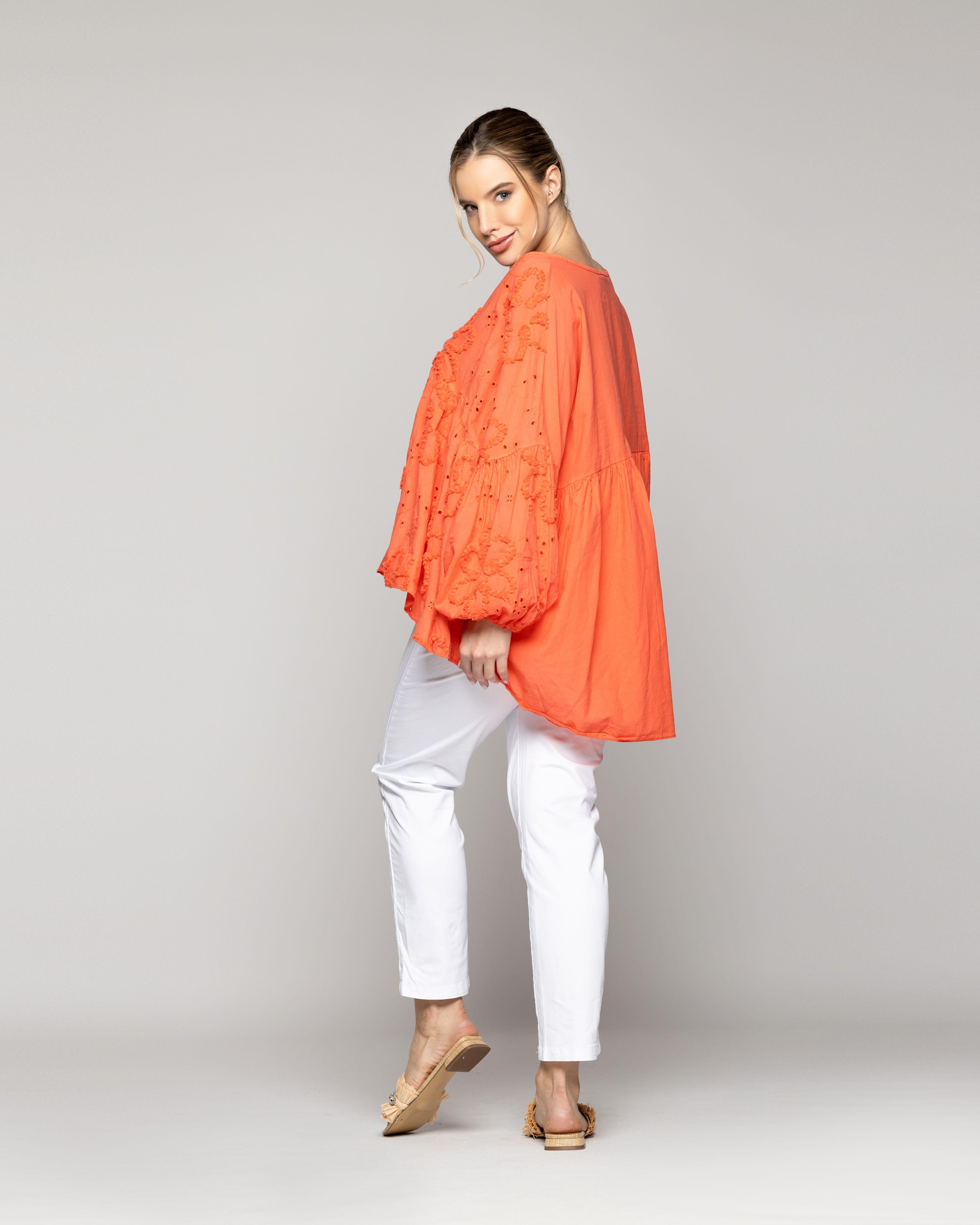 Blusa Mujer Berenice De Algodón Con Broderie Oversized Naranja Coral Lineatre-2