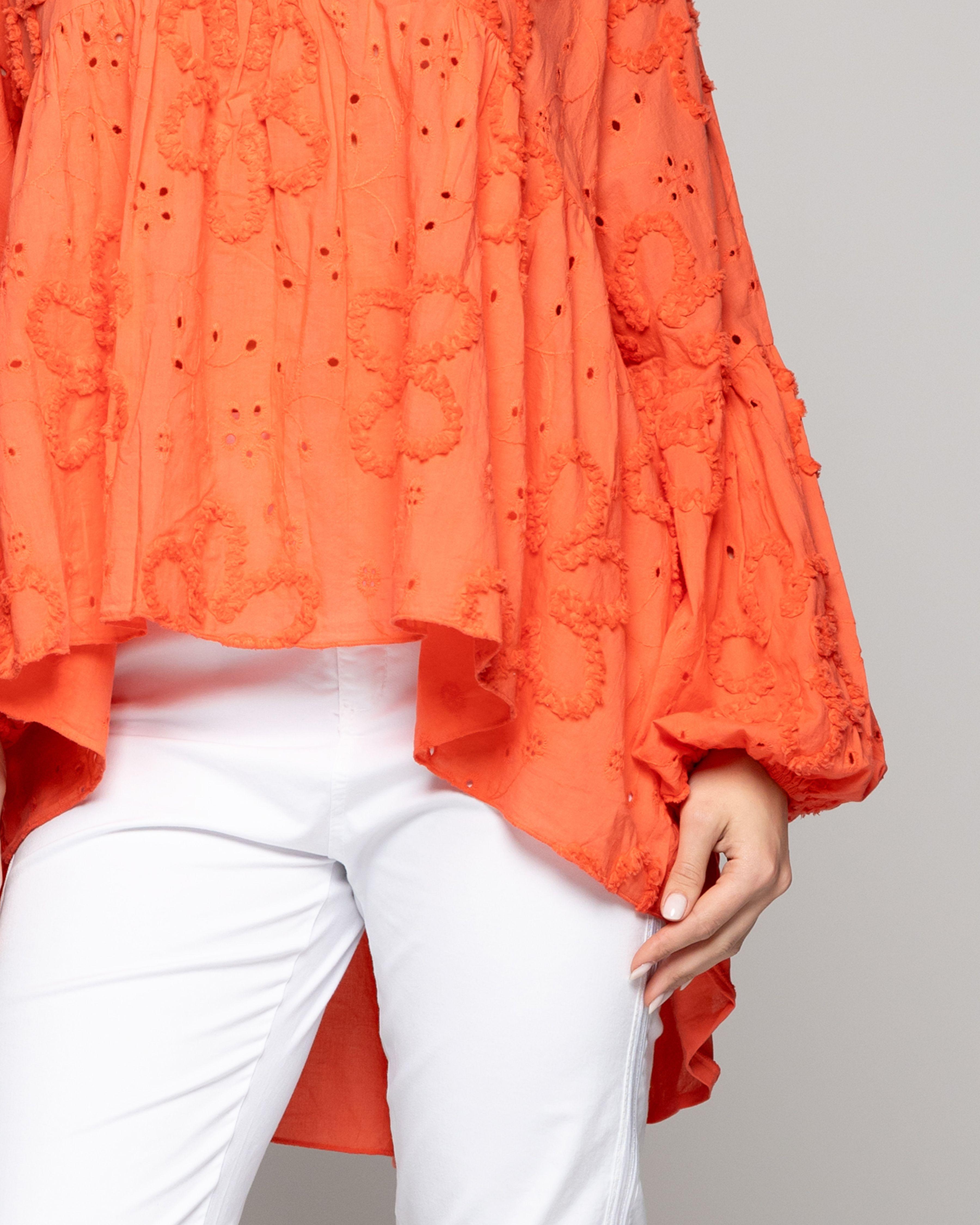 Blusa Mujer Berenice De Algodón Con Broderie Oversized Naranja Coral Lineatre-3
