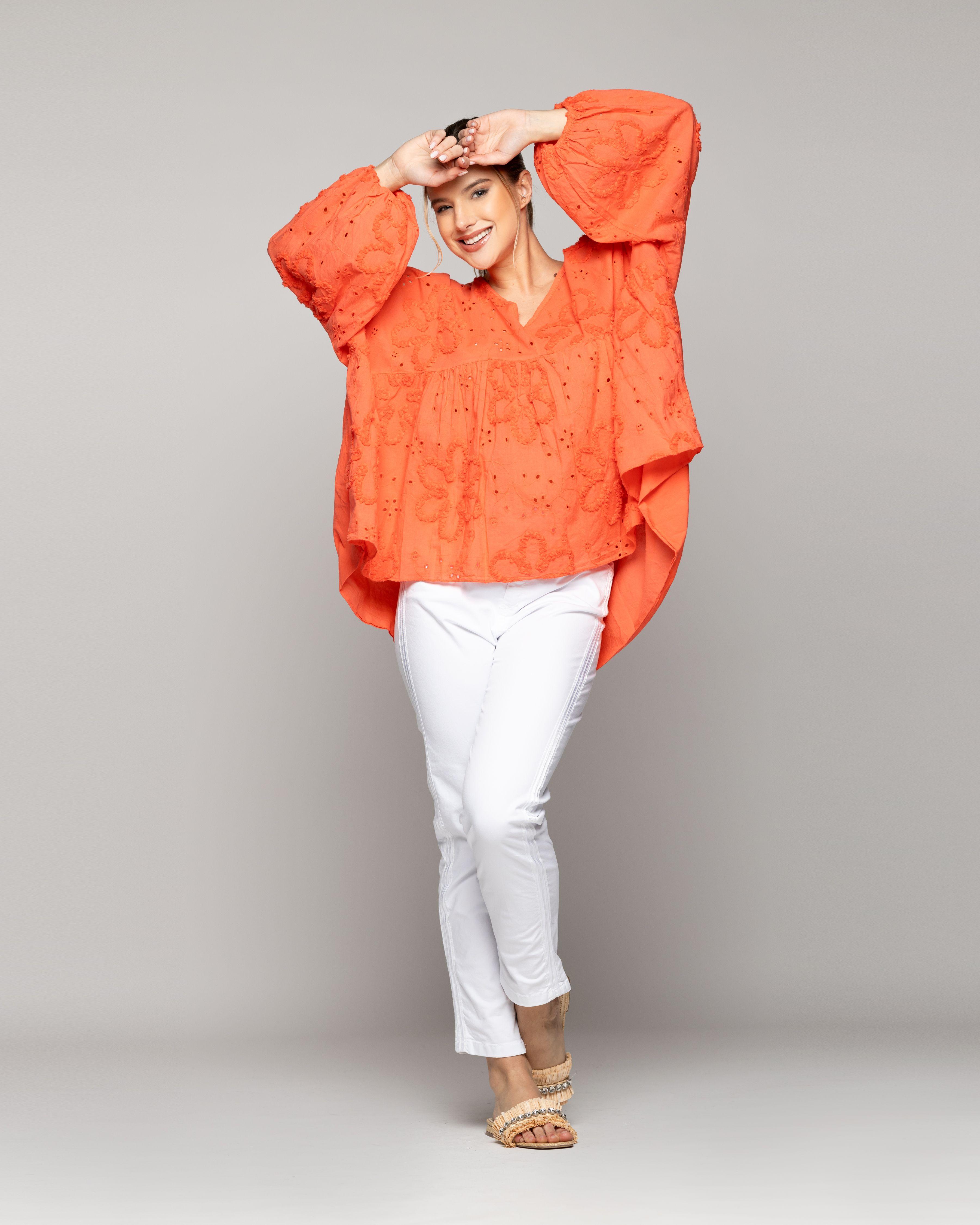 Blusa Mujer Berenice De Algodón Con Broderie Oversized Naranja Coral Lineatre-4