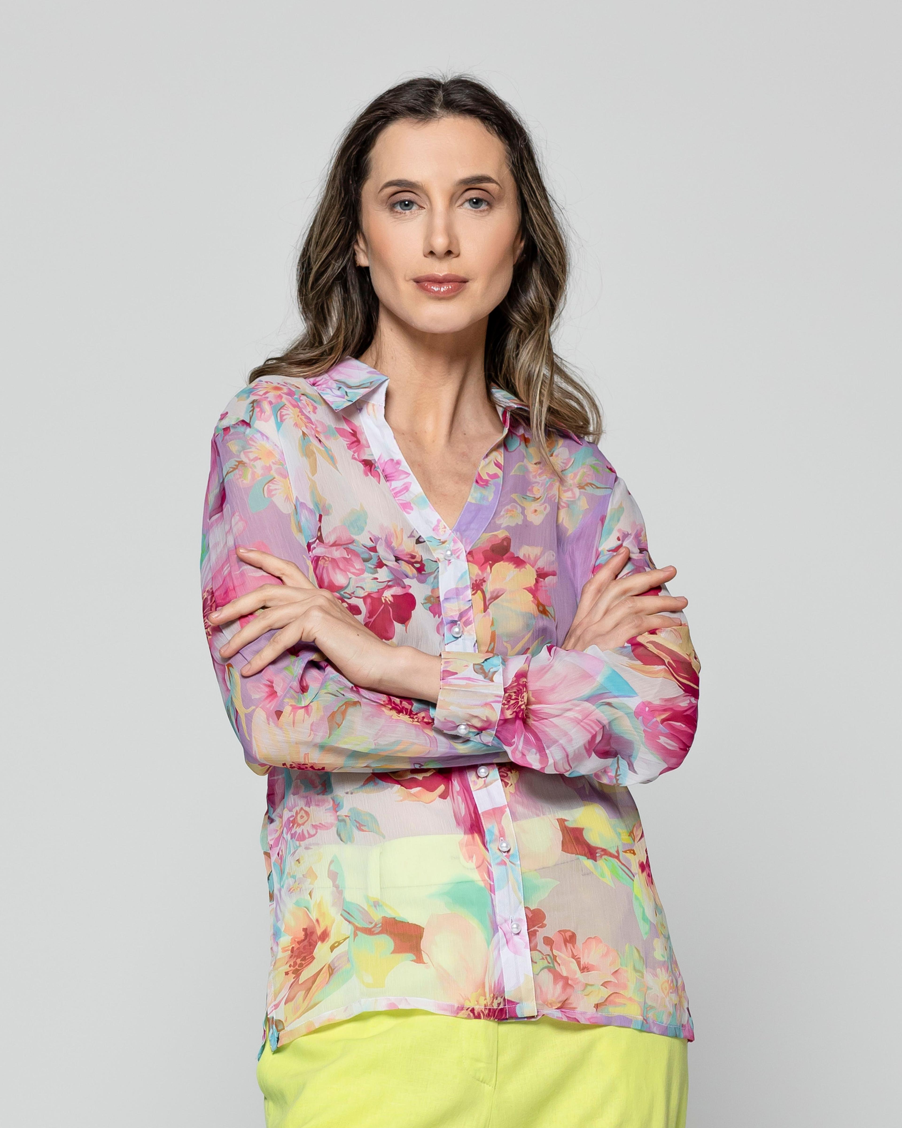 Blusa Mujer Betzaida Estampado De Flores Y Botones De Perlas Lila Lineatre-0