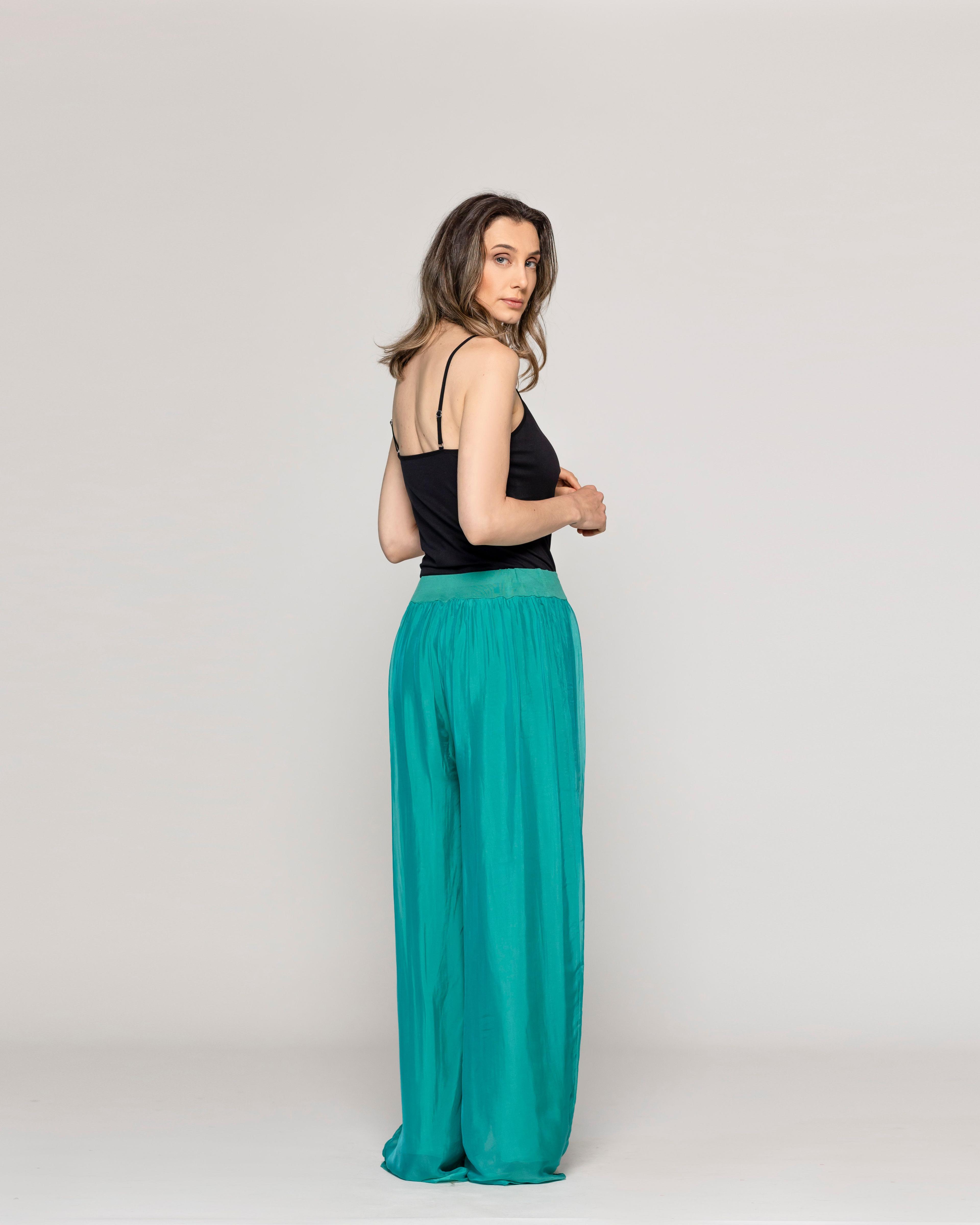 Pantalón Mujer Perla Palazzo Tipo Satín Verde Esmeralda Lineatre-2
