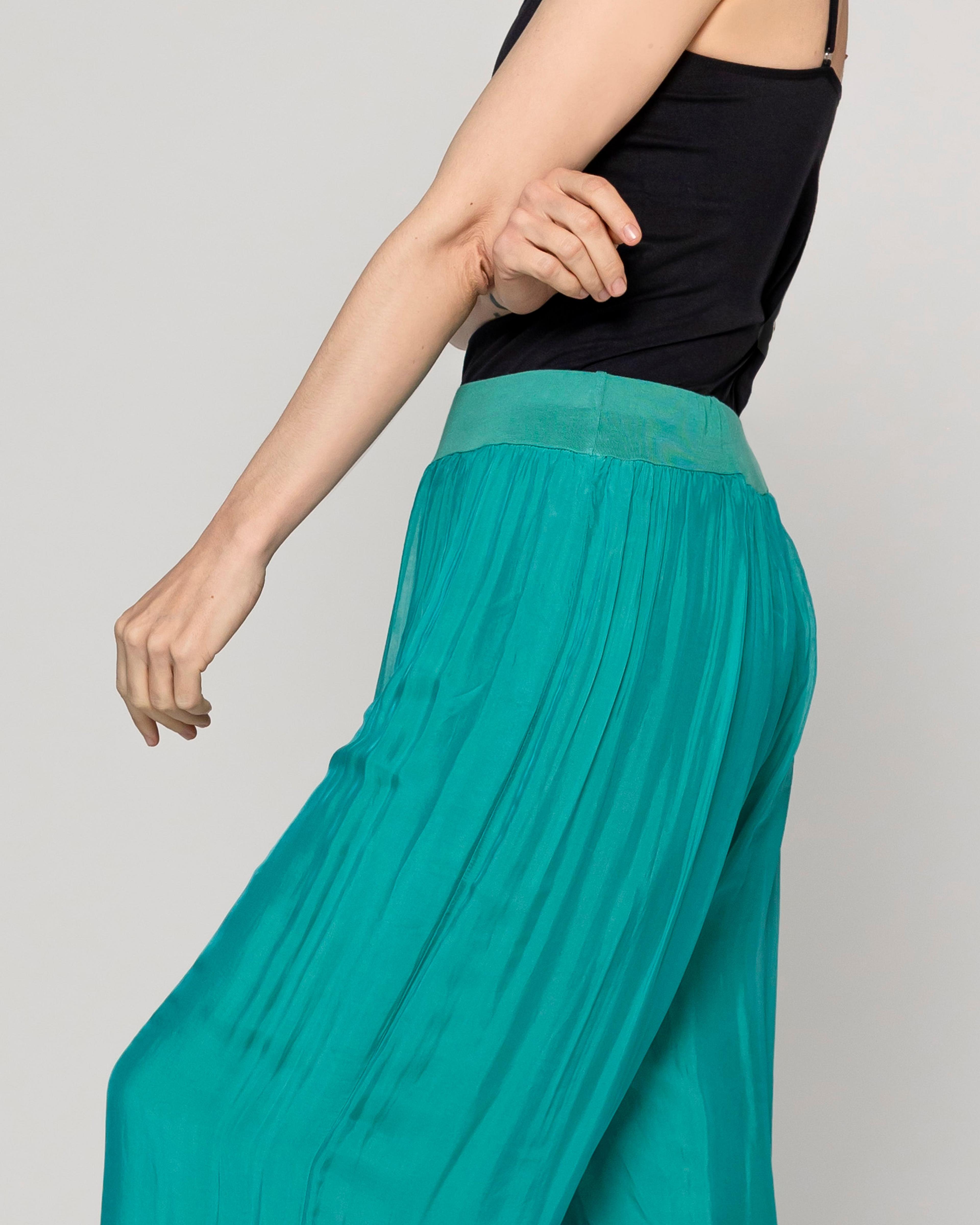 Pantalón Mujer Perla Palazzo Tipo Satín Verde Esmeralda Lineatre-3