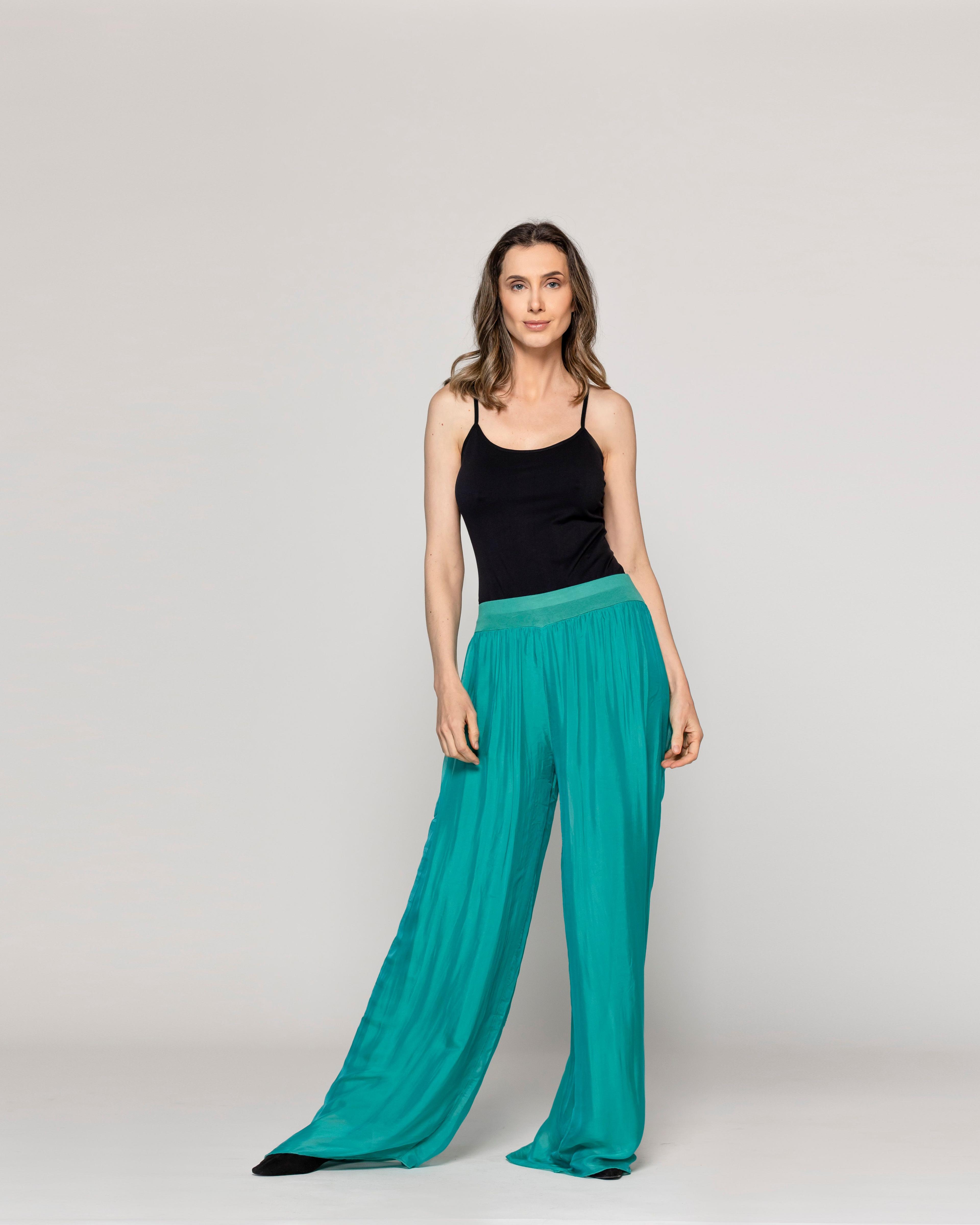 Pantalón Mujer Perla Palazzo Tipo Satín Verde Esmeralda Lineatre-4