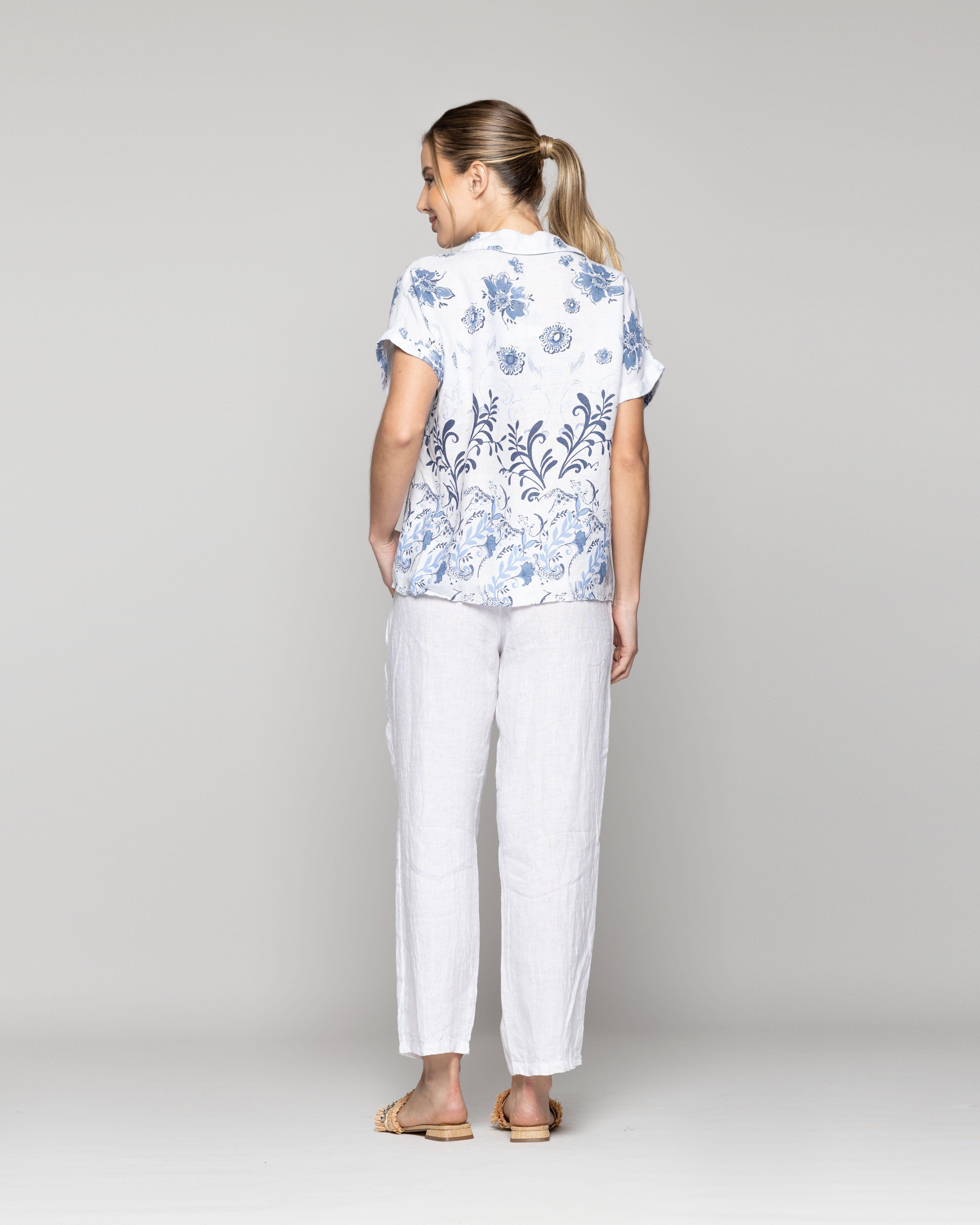 Blusa Mujer Benedicta De Lino Manga Corta Con Diseño Azul Y Blanco Lineatre-1