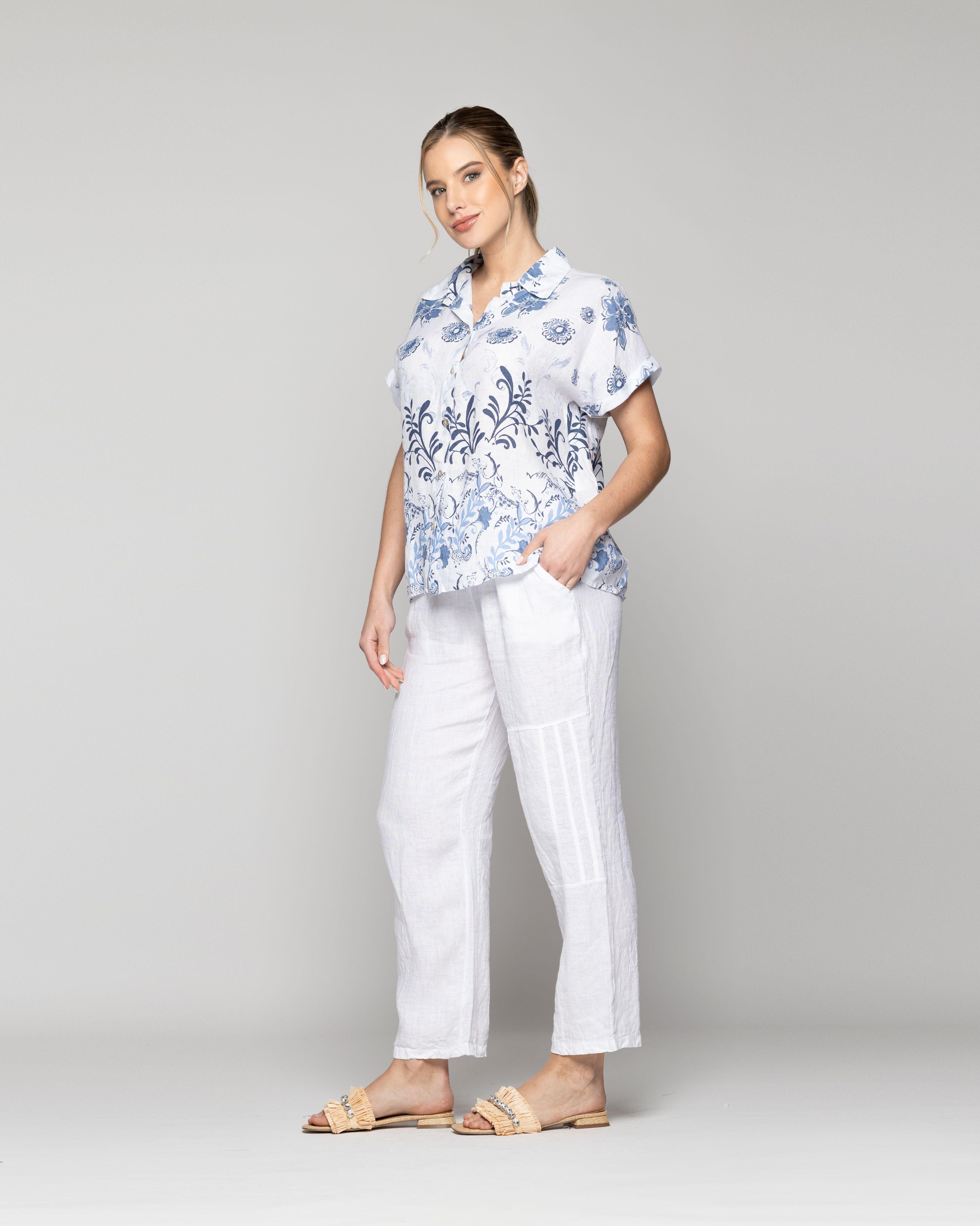 Blusa Mujer Benedicta De Lino Manga Corta Con Diseño Azul Y Blanco Lineatre-3