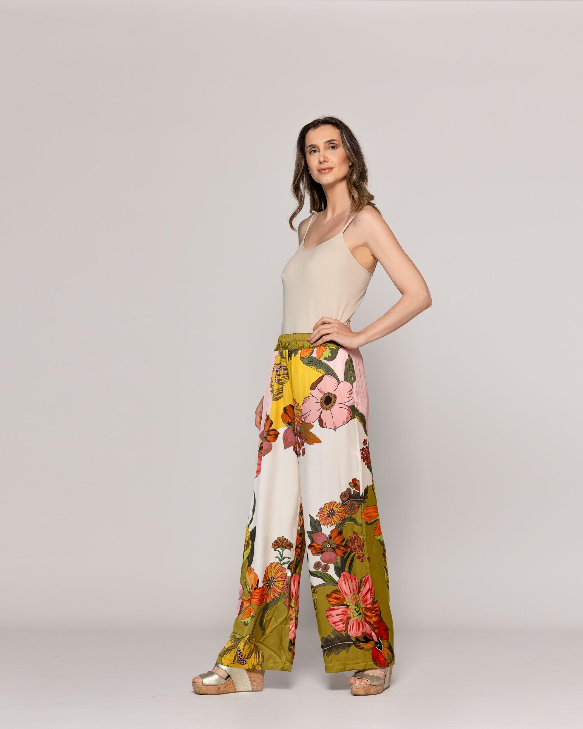 Pantalón Mujer Brenna Satinado Estampado Flores Verde Militar Lineatre-0