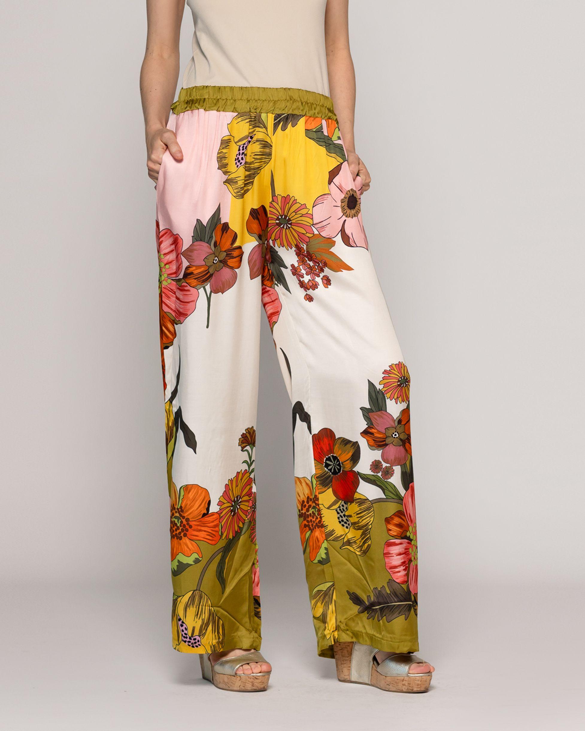 Pantalón Mujer Brenna Satinado Estampado Flores Verde Militar Lineatre-1