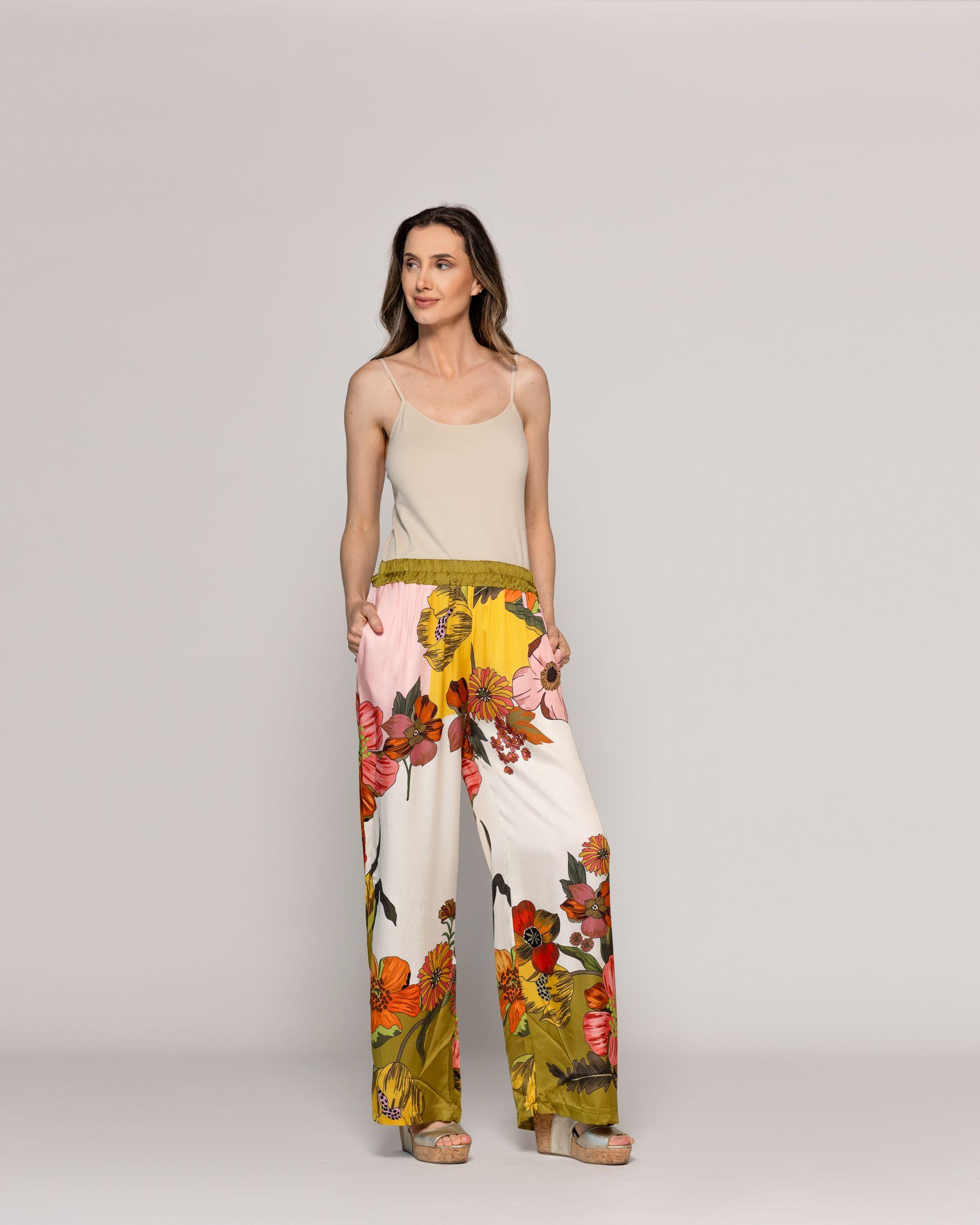 Pantalón Mujer Brenna Satinado Estampado Flores Verde Militar Lineatre-4