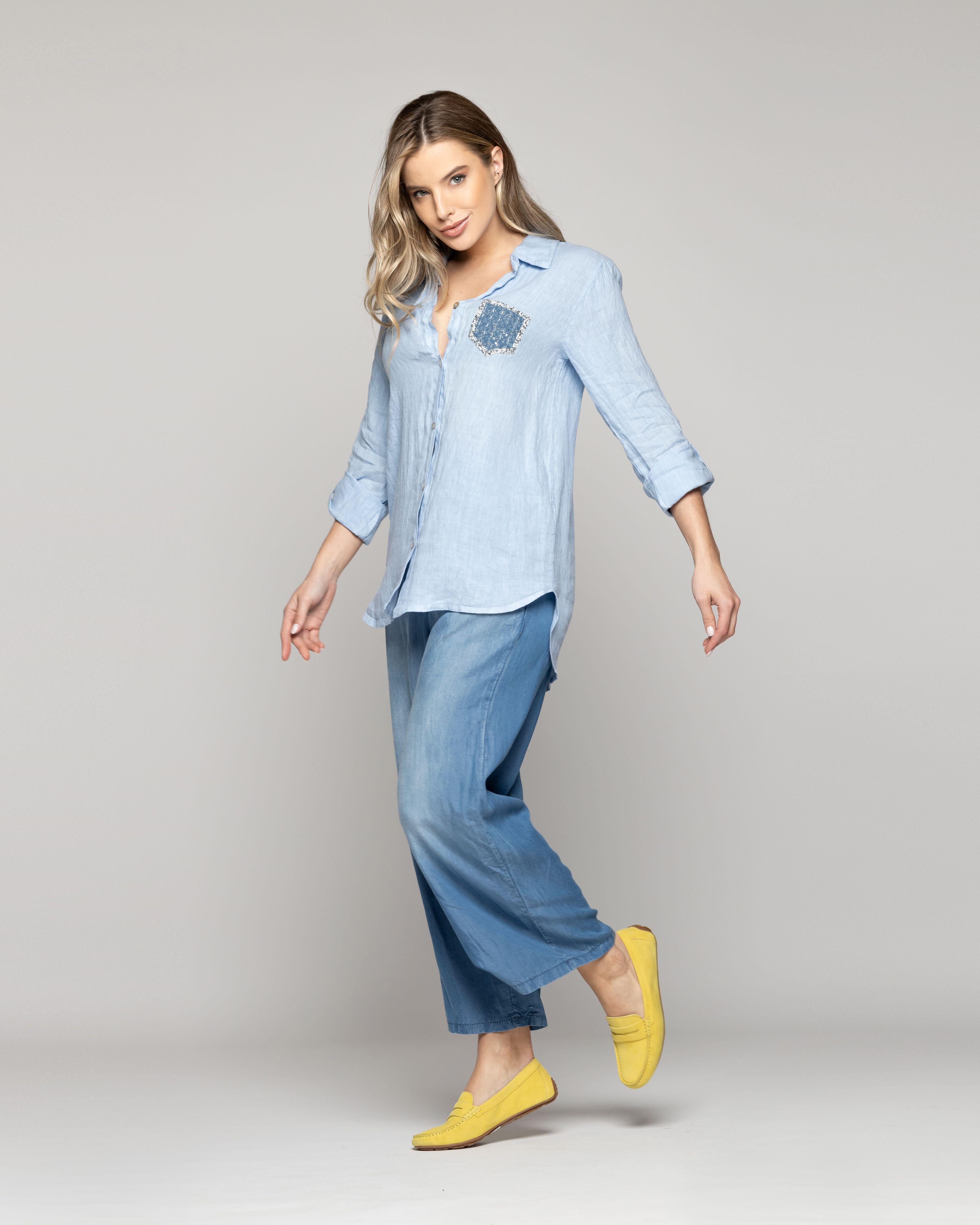 Blusa Mujer Benita De Lino Manga Larga Celeste Con Bolsillo Lineatre-3