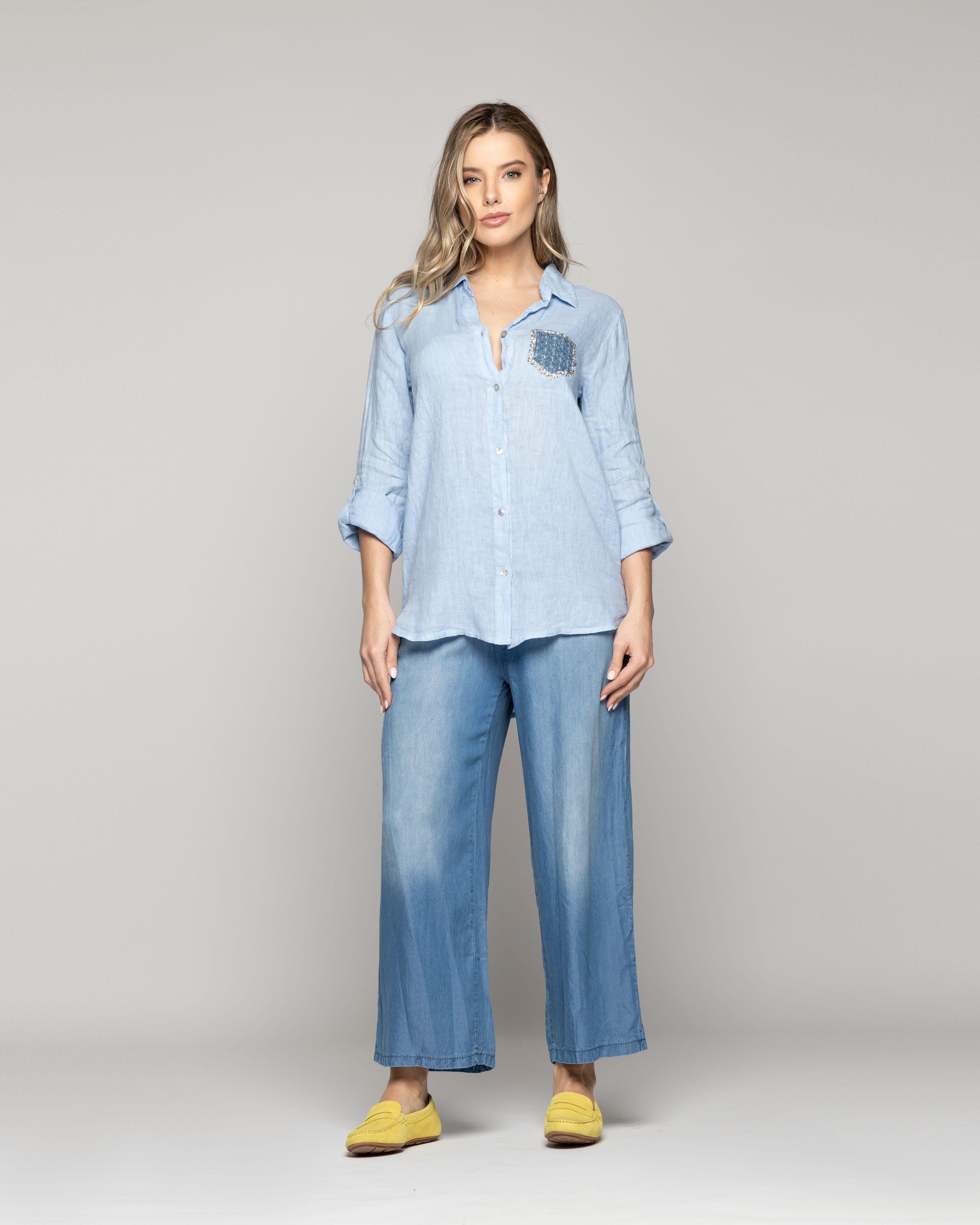 Blusa Mujer Benita De Lino Manga Larga Celeste Con Bolsillo Lineatre-4
