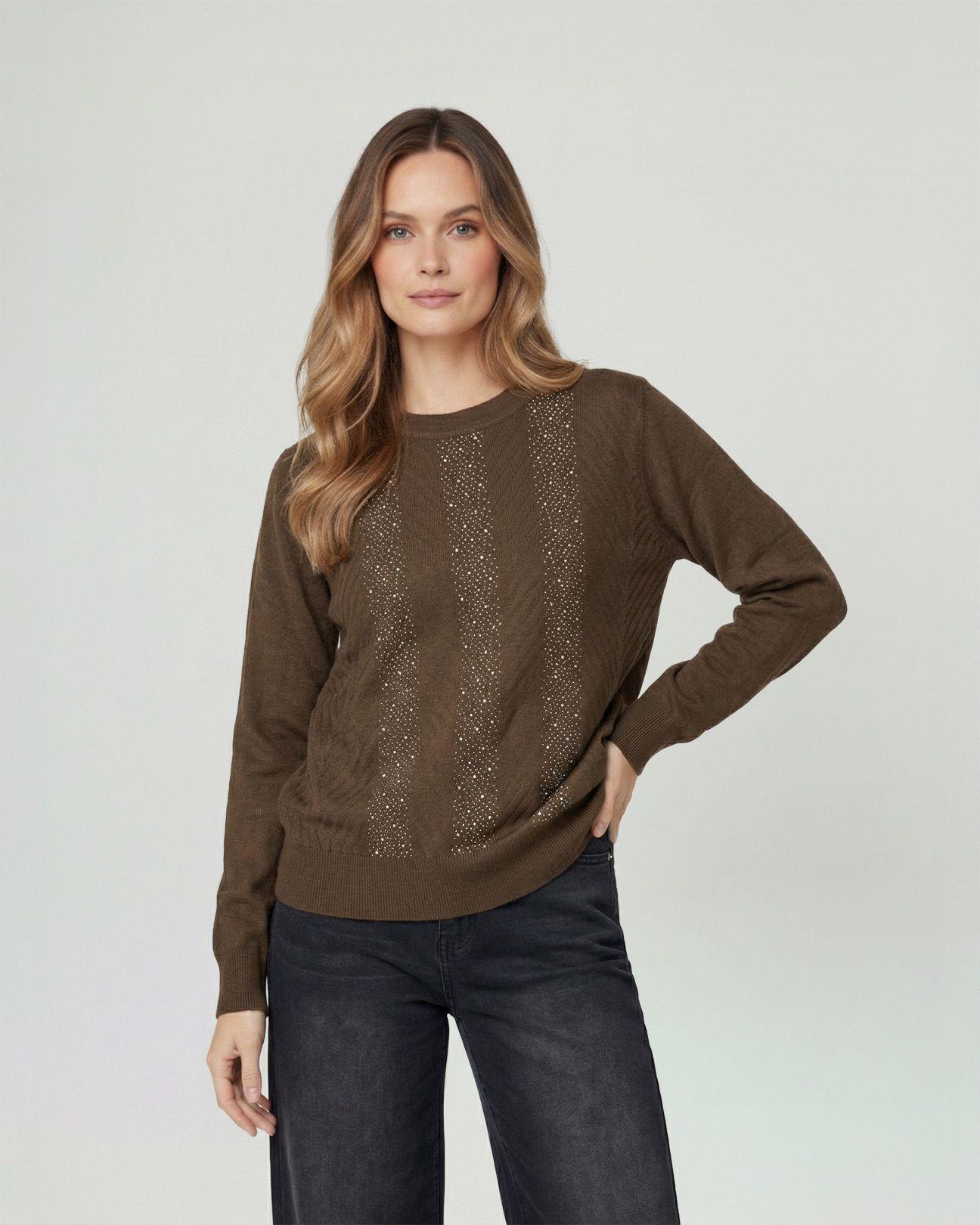 Sweater Mujer Rita Relaxed Cuello Redondo Manga Caída Chocolate Lineatre-0