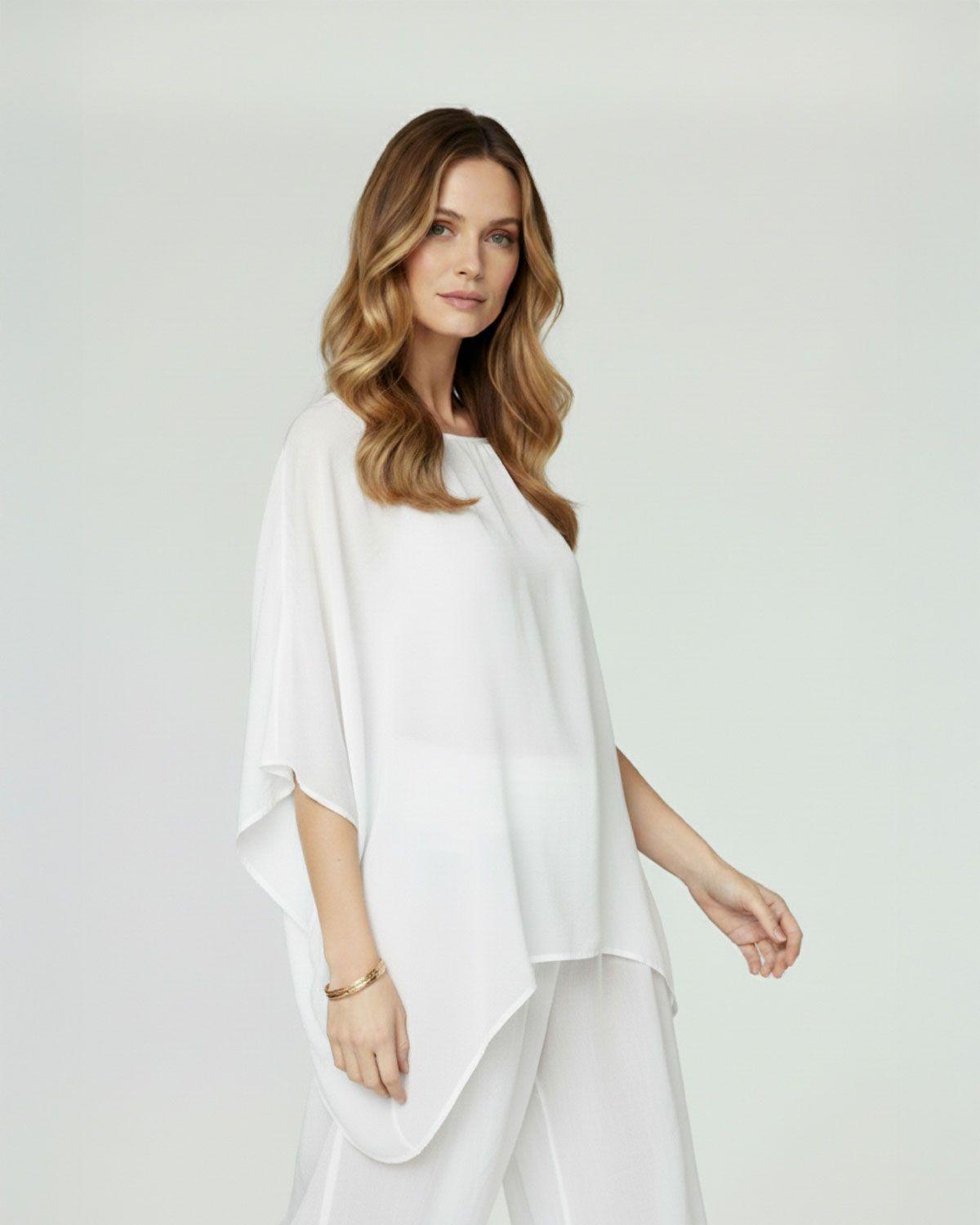 Blusa Mujer Ottavia Relaxed fit Cuello redondo Manga corta tipo murciélago Blanco Lineatre-5