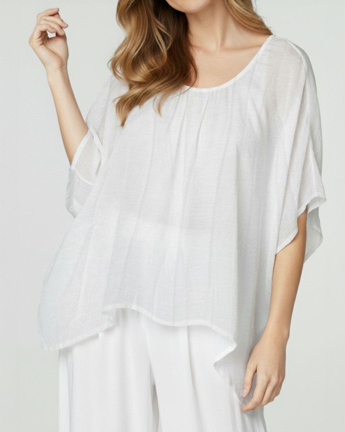 Blusa Mujer Ottavia Relaxed fit Cuello redondo Manga corta tipo murciélago Blanco Lineatre-9