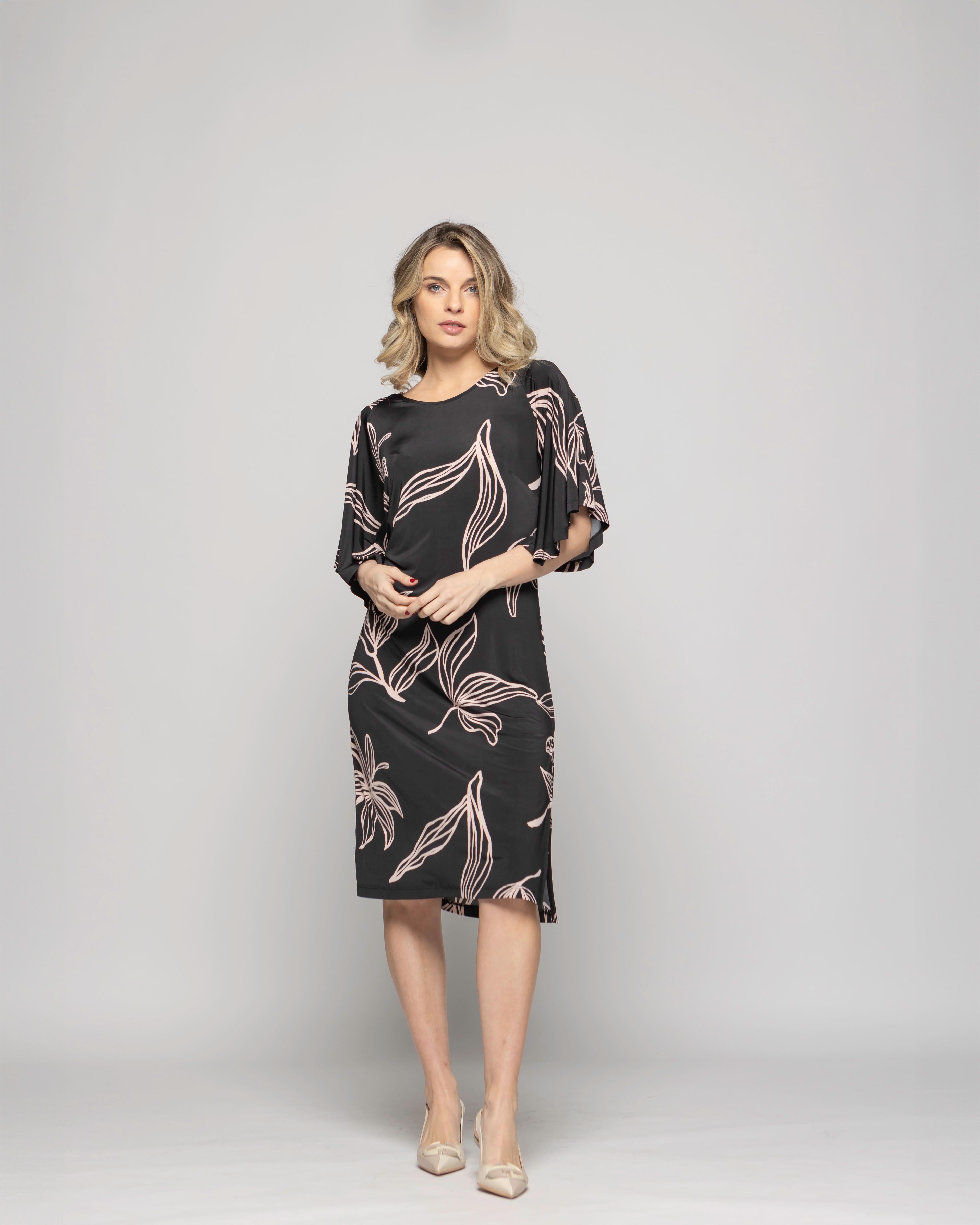 Vestido Mujer Zinnia Manga Murciélago Cuello Redondo Estampado Botánico Negro Ludovica-0
