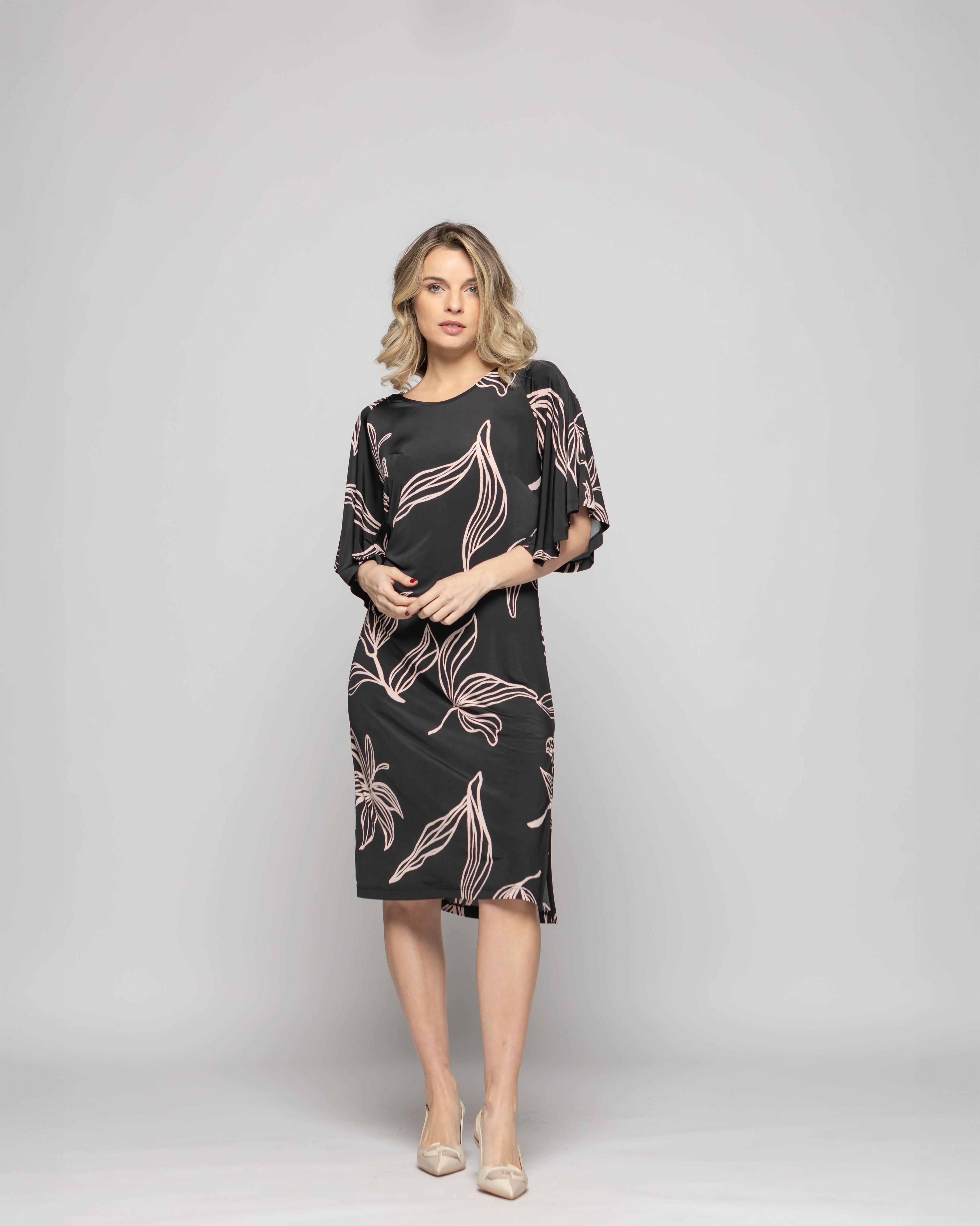 Vestido Mujer Zinnia Manga Murciélago Cuello Redondo Estampado Botánico Negro Ludovica-1