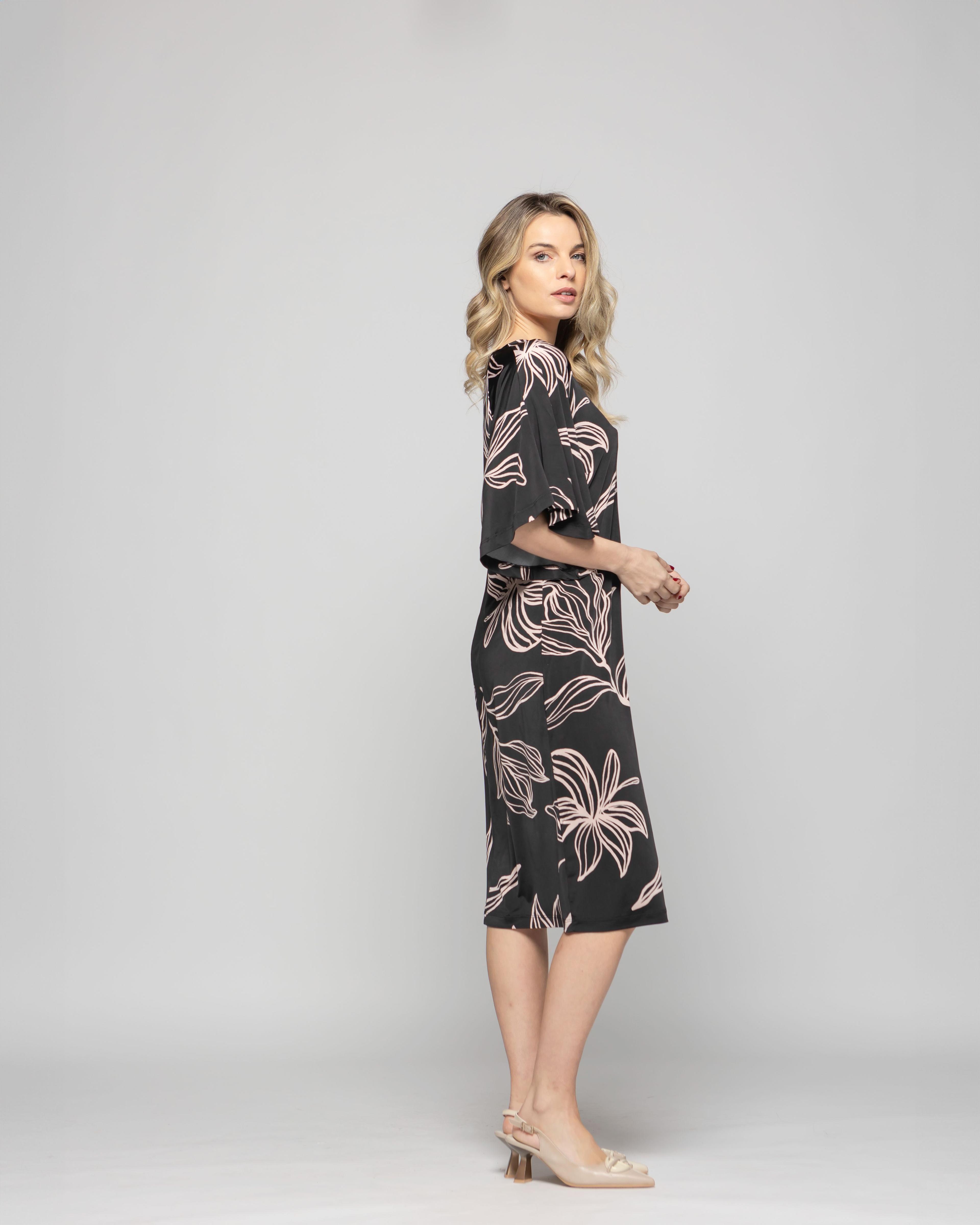 Vestido Mujer Zinnia Manga Murciélago Cuello Redondo Estampado Botánico Negro Ludovica-5