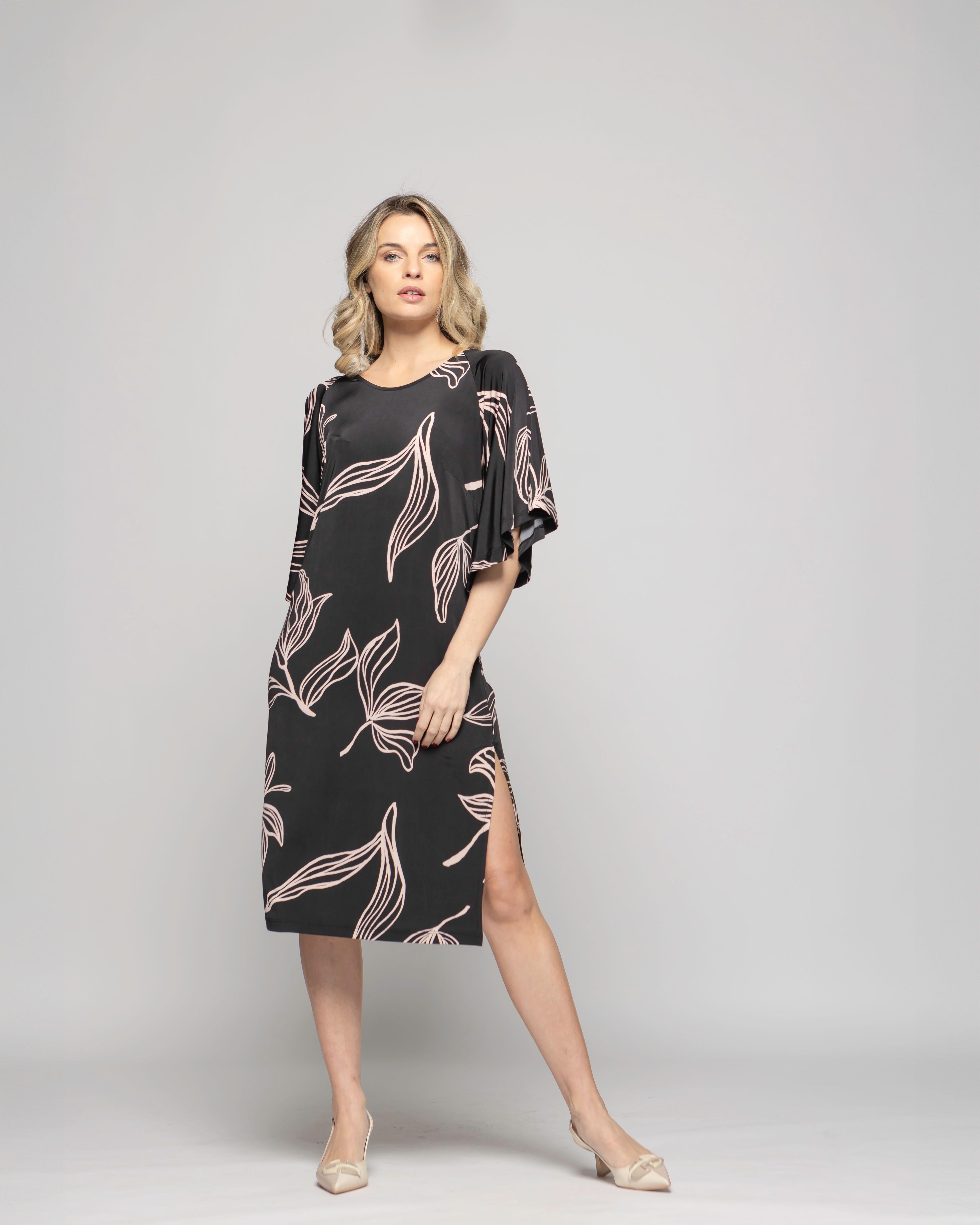 Vestido Mujer Zinnia Manga Murciélago Cuello Redondo Estampado Botánico Negro Ludovica-8