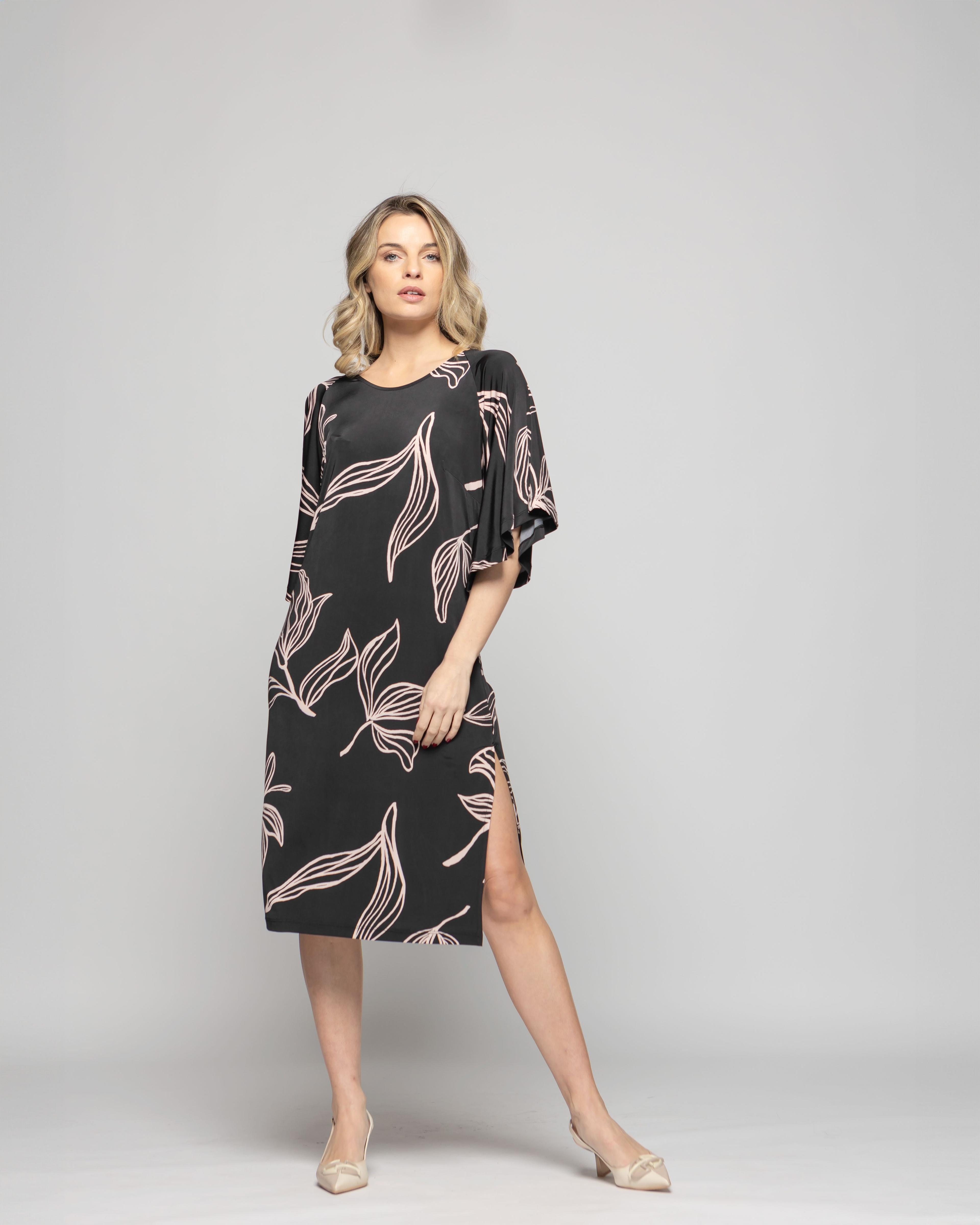 Vestido Mujer Zinnia Manga Murciélago Cuello Redondo Estampado Botánico Negro Ludovica-9