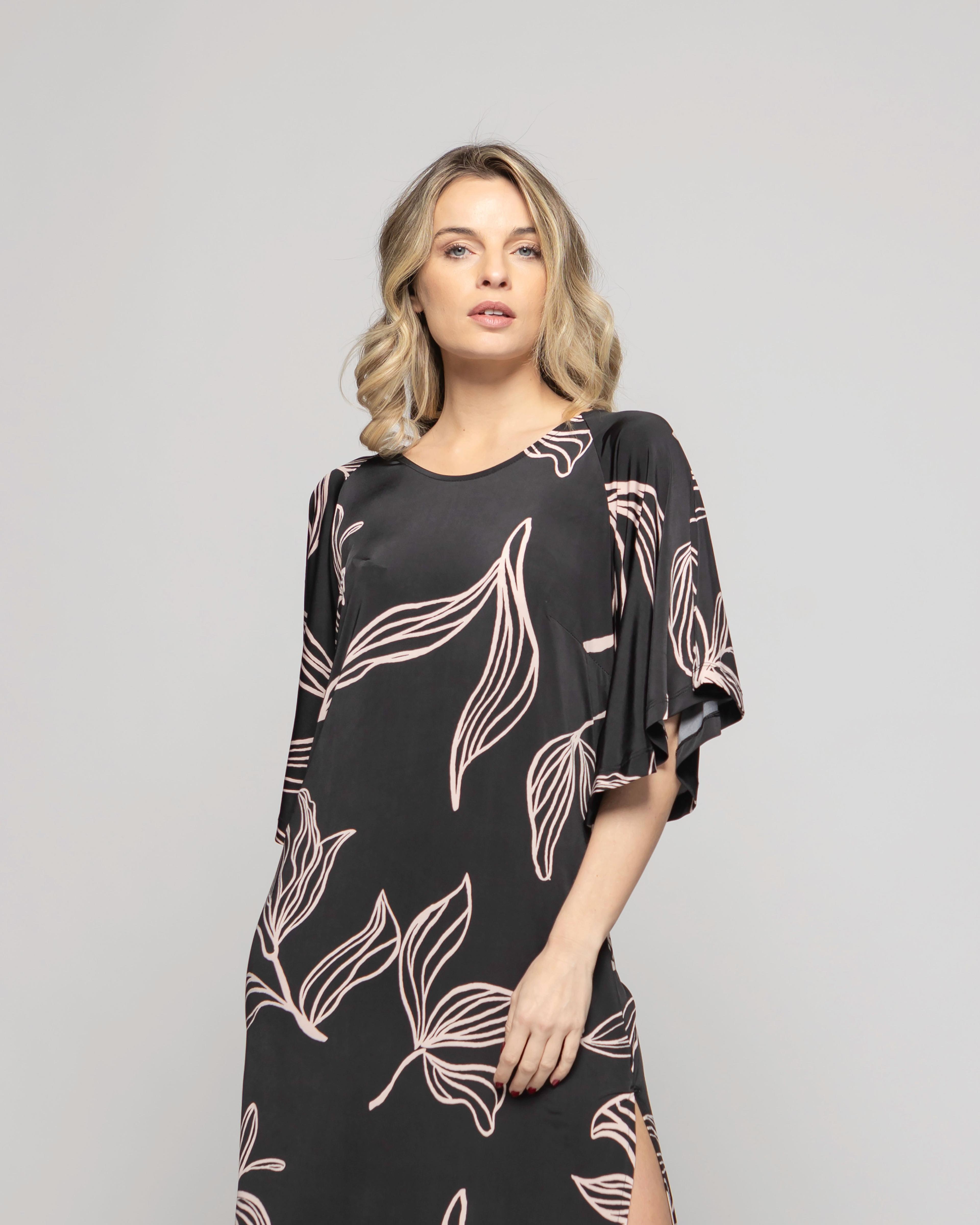 Vestido Mujer Zinnia Manga Murciélago Cuello Redondo Estampado Botánico Negro Ludovica-3