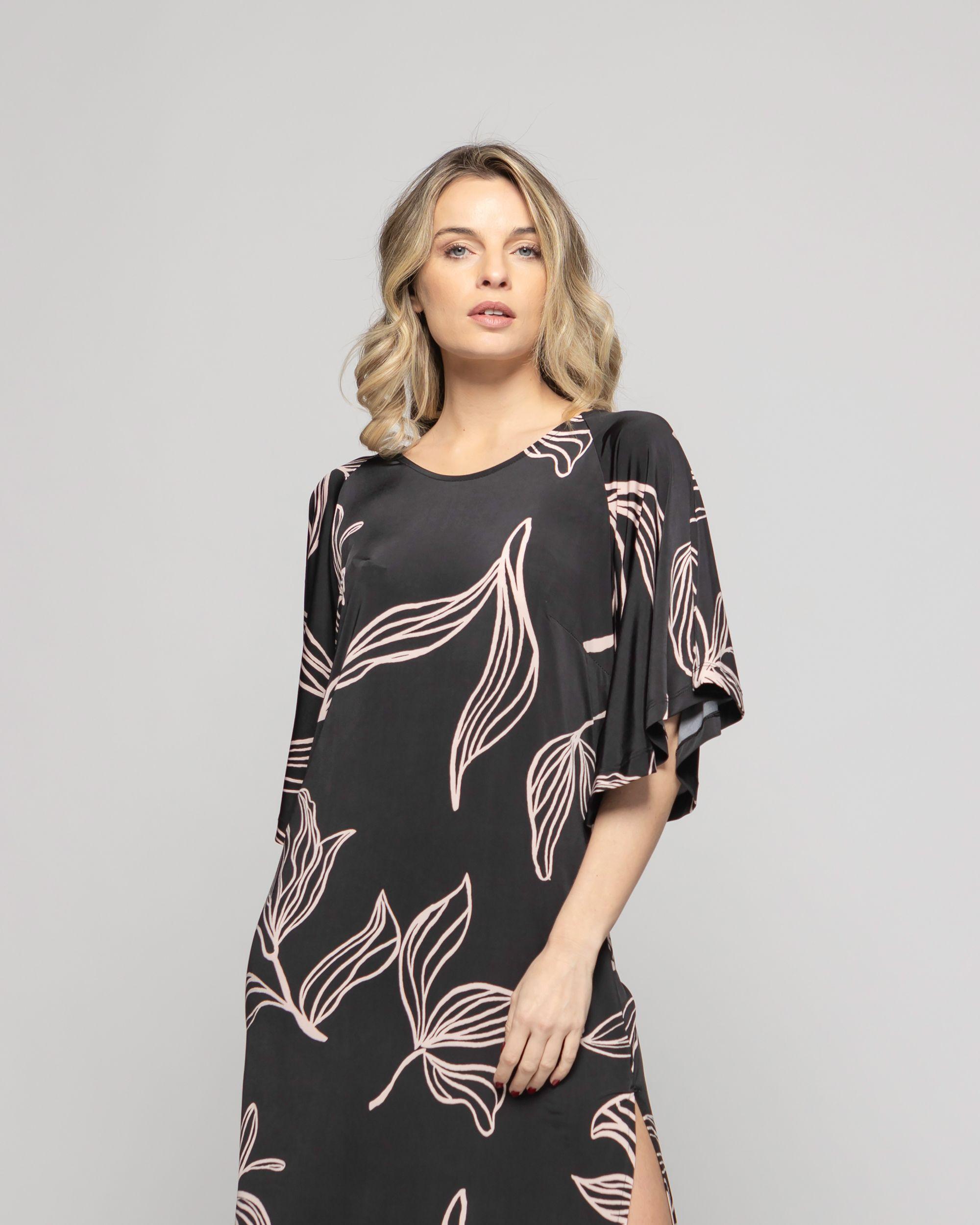 Vestido Mujer Zinnia Manga Murciélago Cuello Redondo Estampado Botánico Negro Ludovica-5