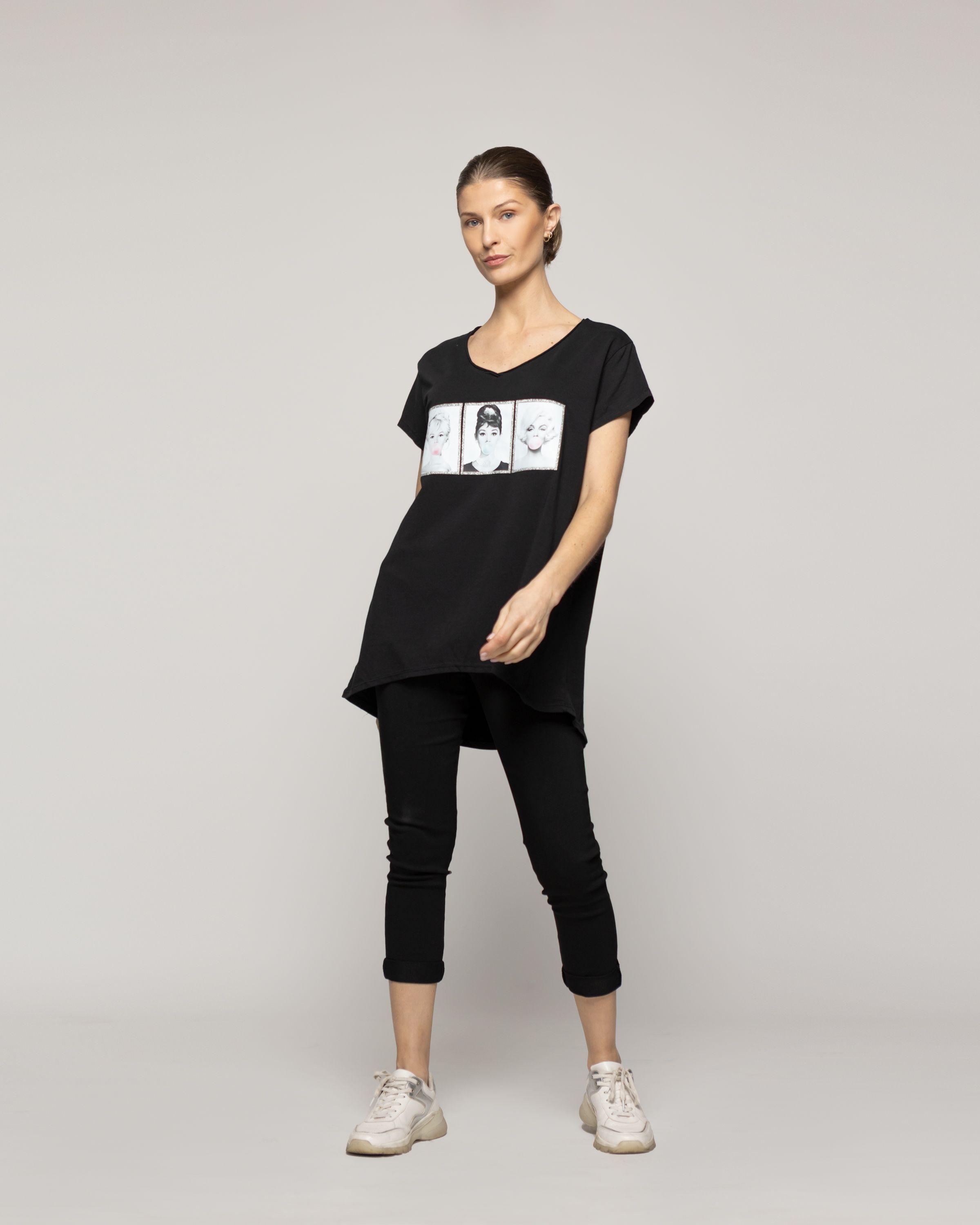 Polera Mujer Odelia Estampado Íconos Retro Negra Lineatre-3