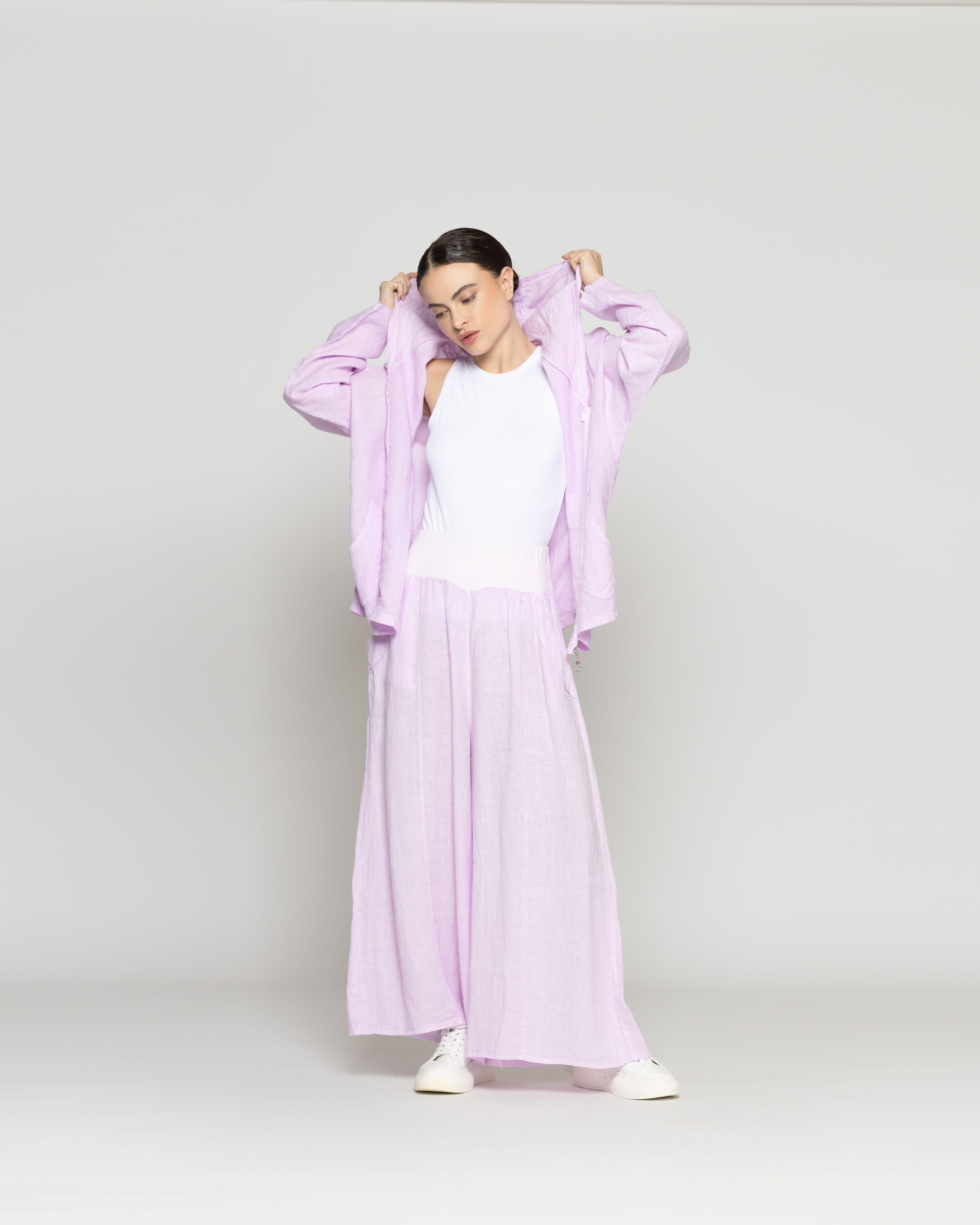 Pantalón Mujer Cristina De Lino Ancho Con Cintura Elasticada Lila Lineatre-0