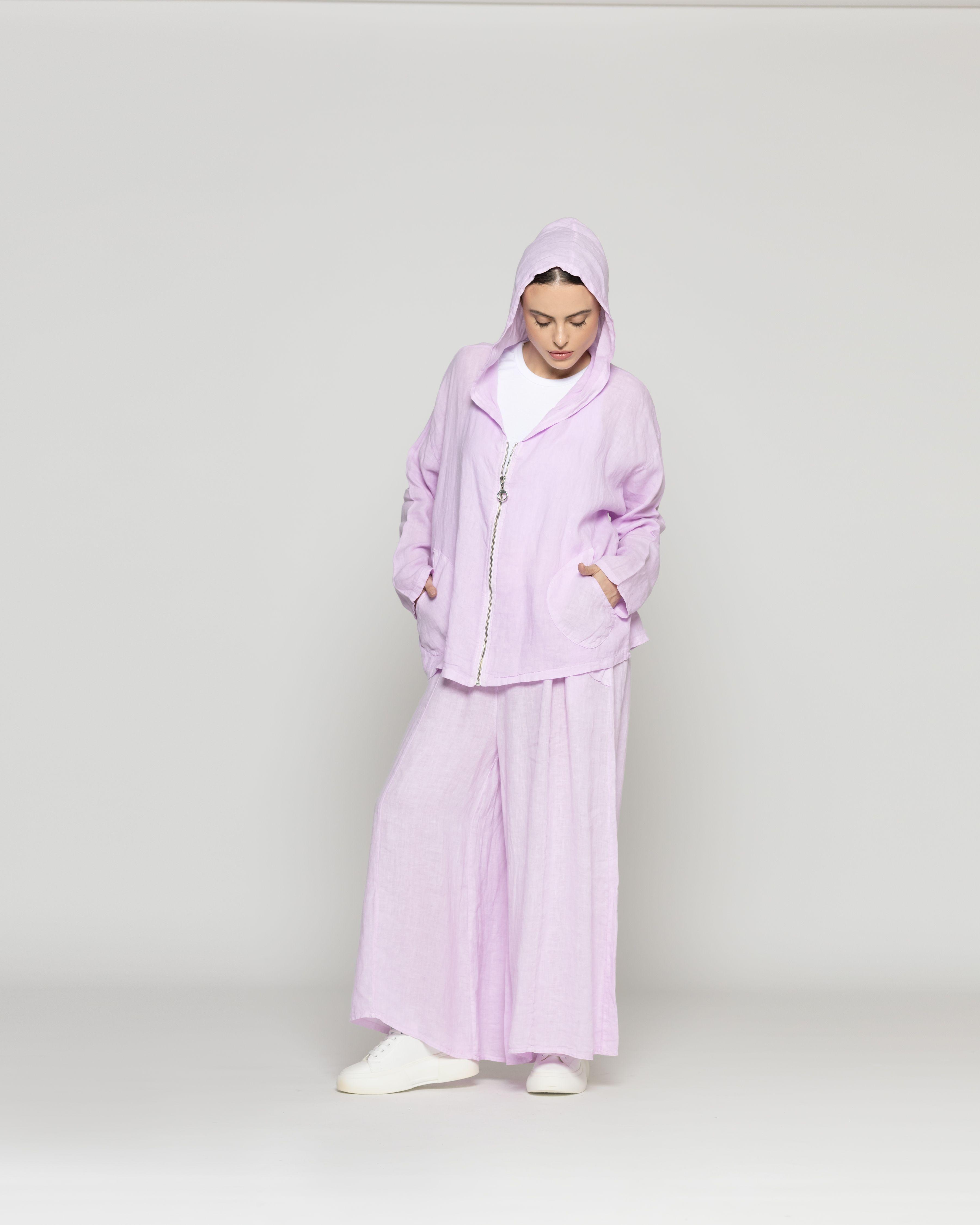 Pantalón Mujer Cristina De Lino Ancho Con Cintura Elasticada Lila Lineatre-3