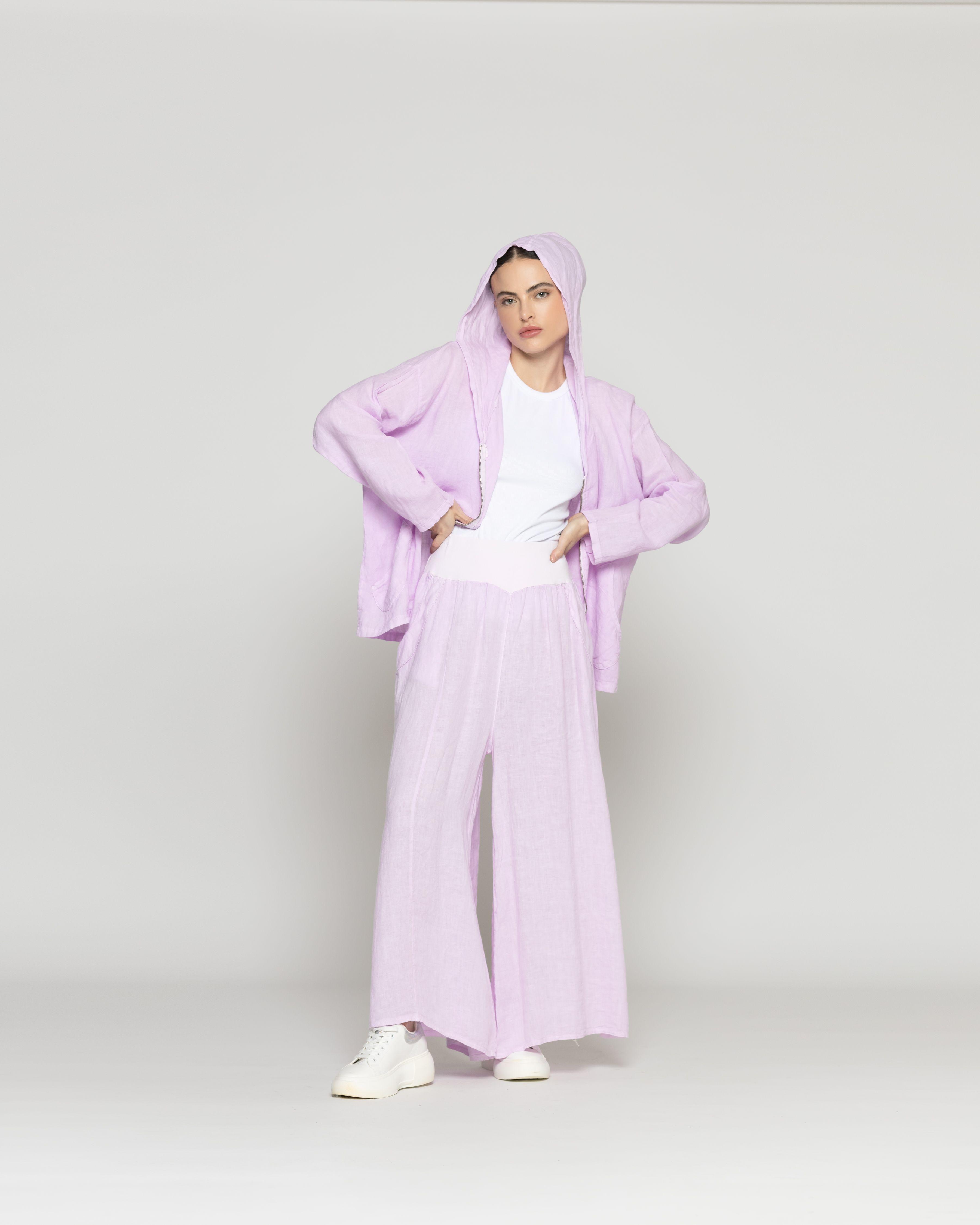 Pantalón Mujer Cristina De Lino Ancho Con Cintura Elasticada Lila Lineatre-4