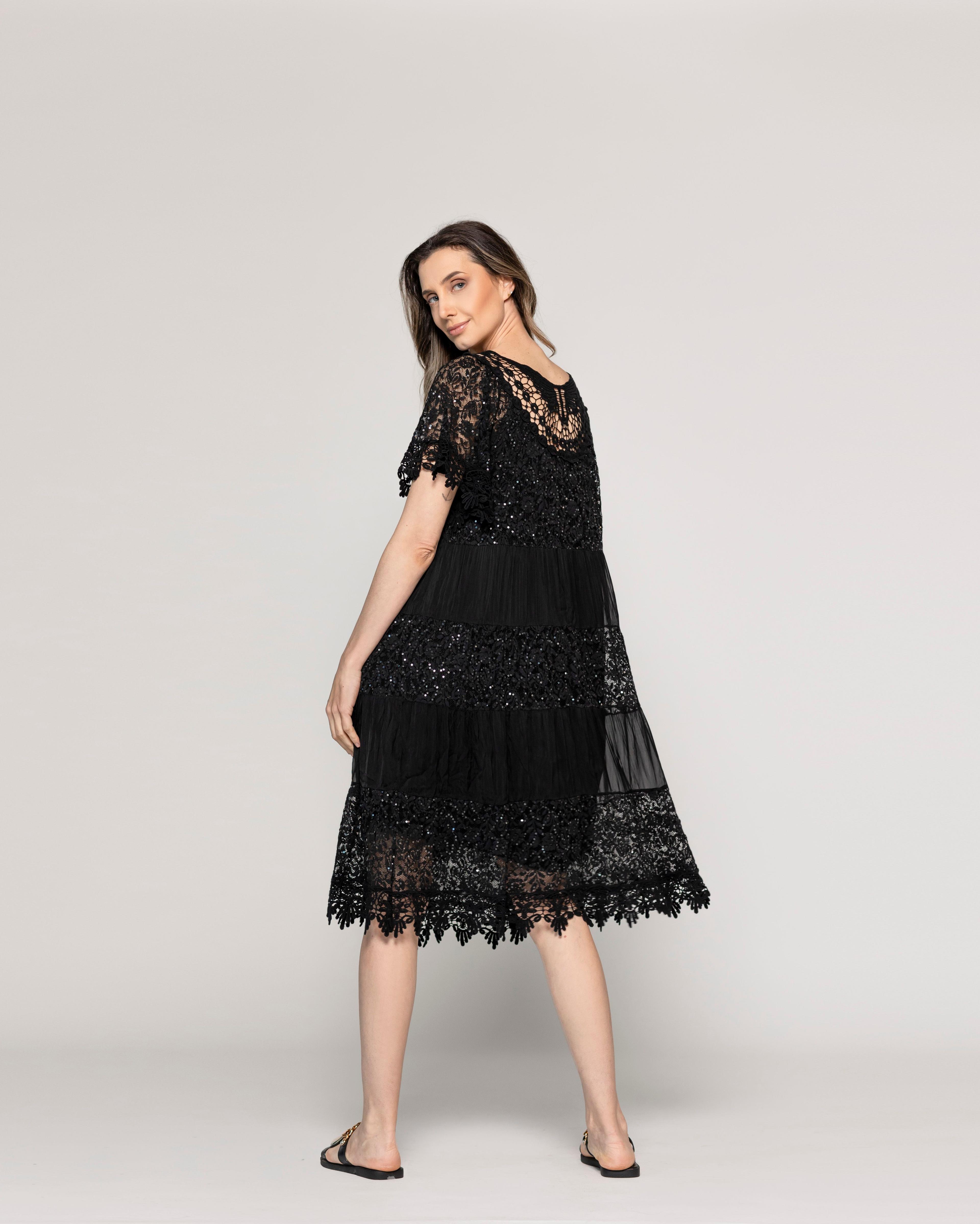 Vestido Mujer Viola Largo Midi Y Manga Corta Con Encaje Negro Lineatre-2