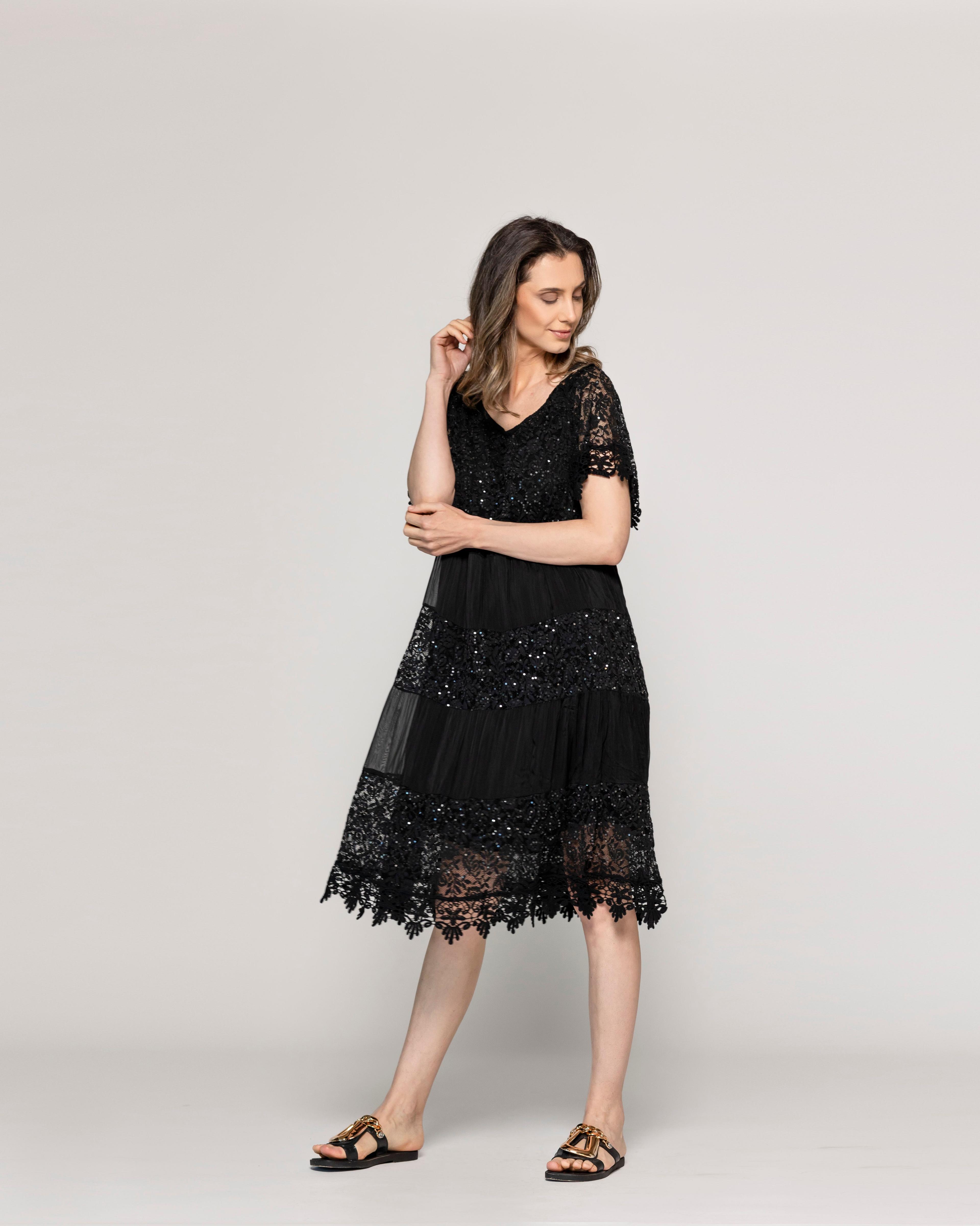 Vestido Mujer Viola Largo Midi Y Manga Corta Con Encaje Negro Lineatre-4