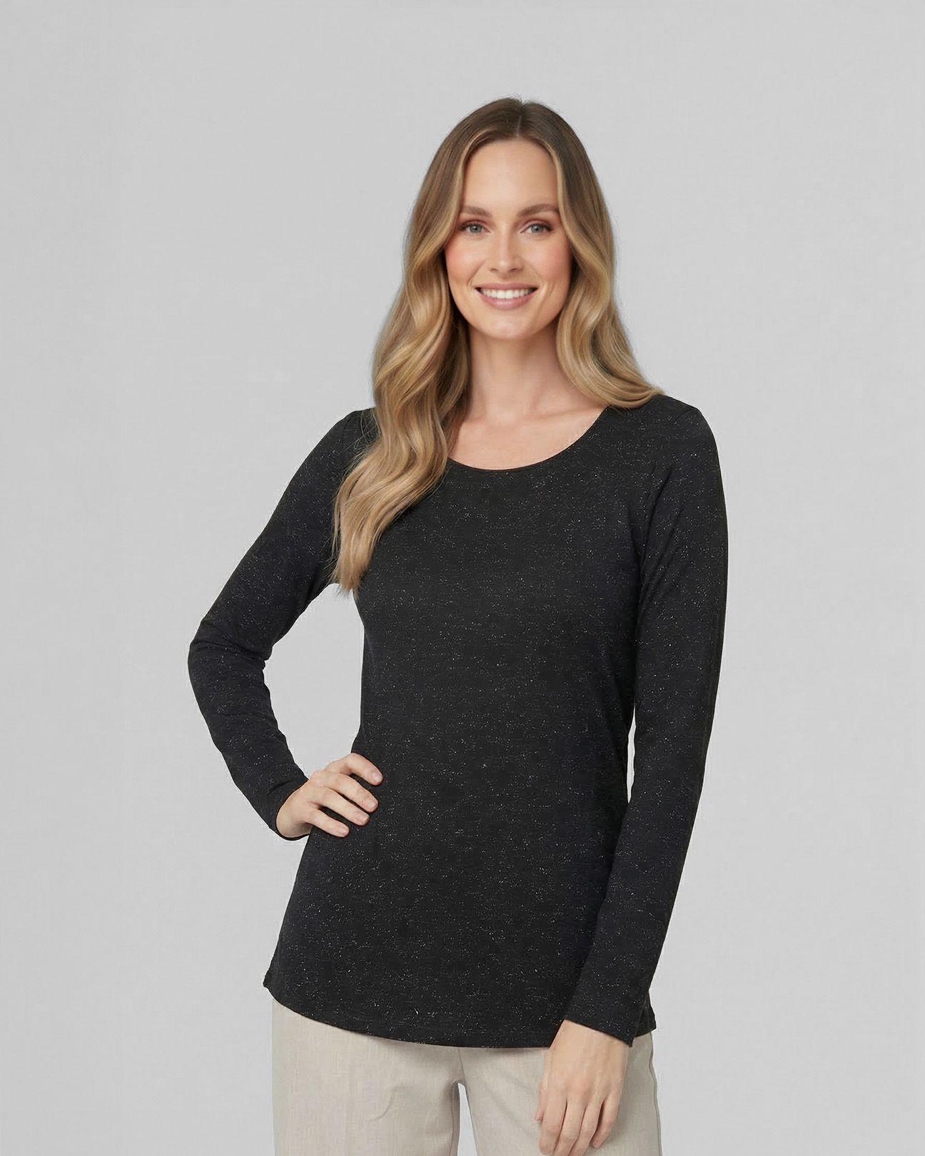 Polera Mujer Elisa Slim Fit Cuello Redondo Manga Ajustada Negro Lineatre-0