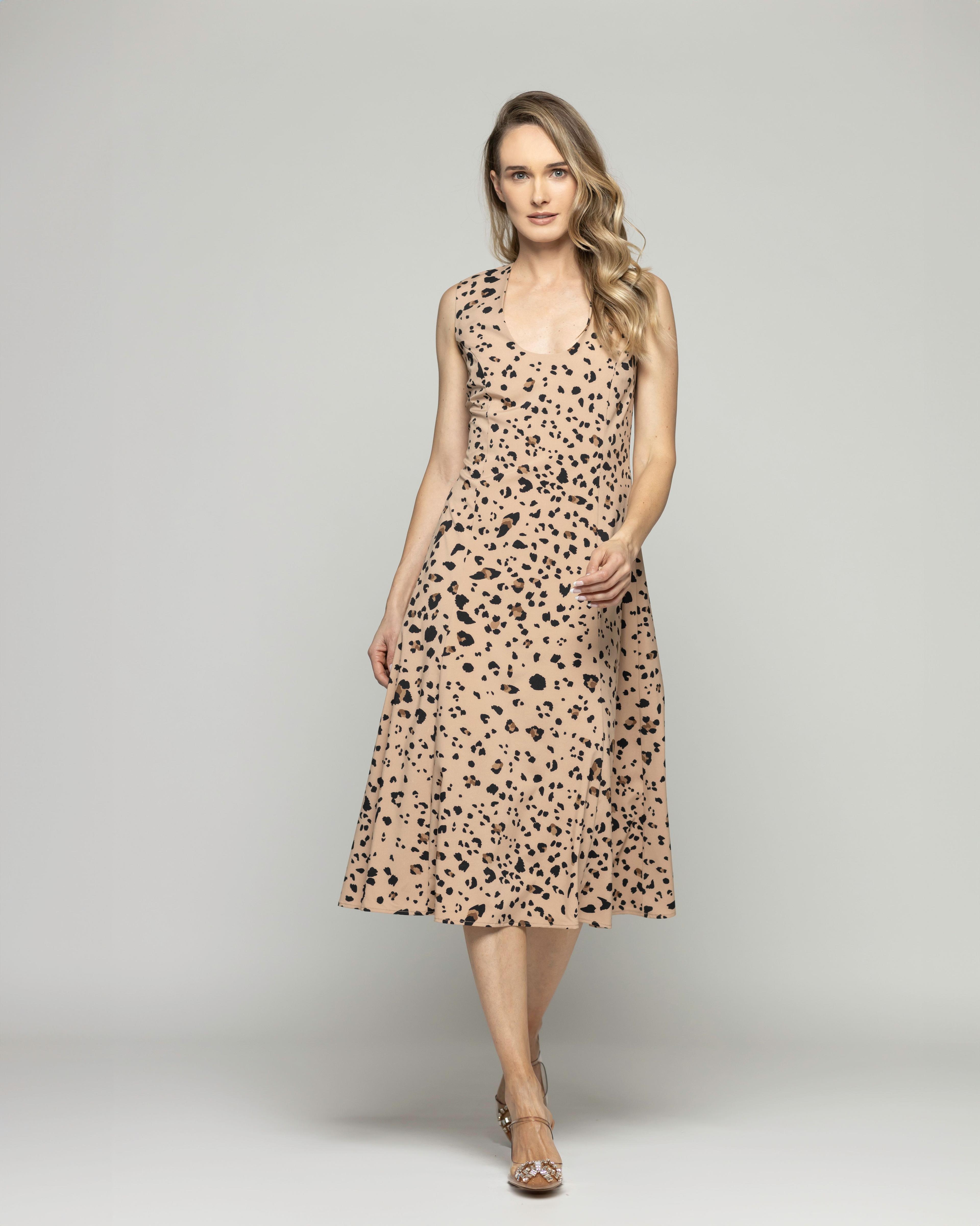 Vestido Mujer Vanda Midi Sin Mangas Animal Print Leopardo Café Ludovica-0