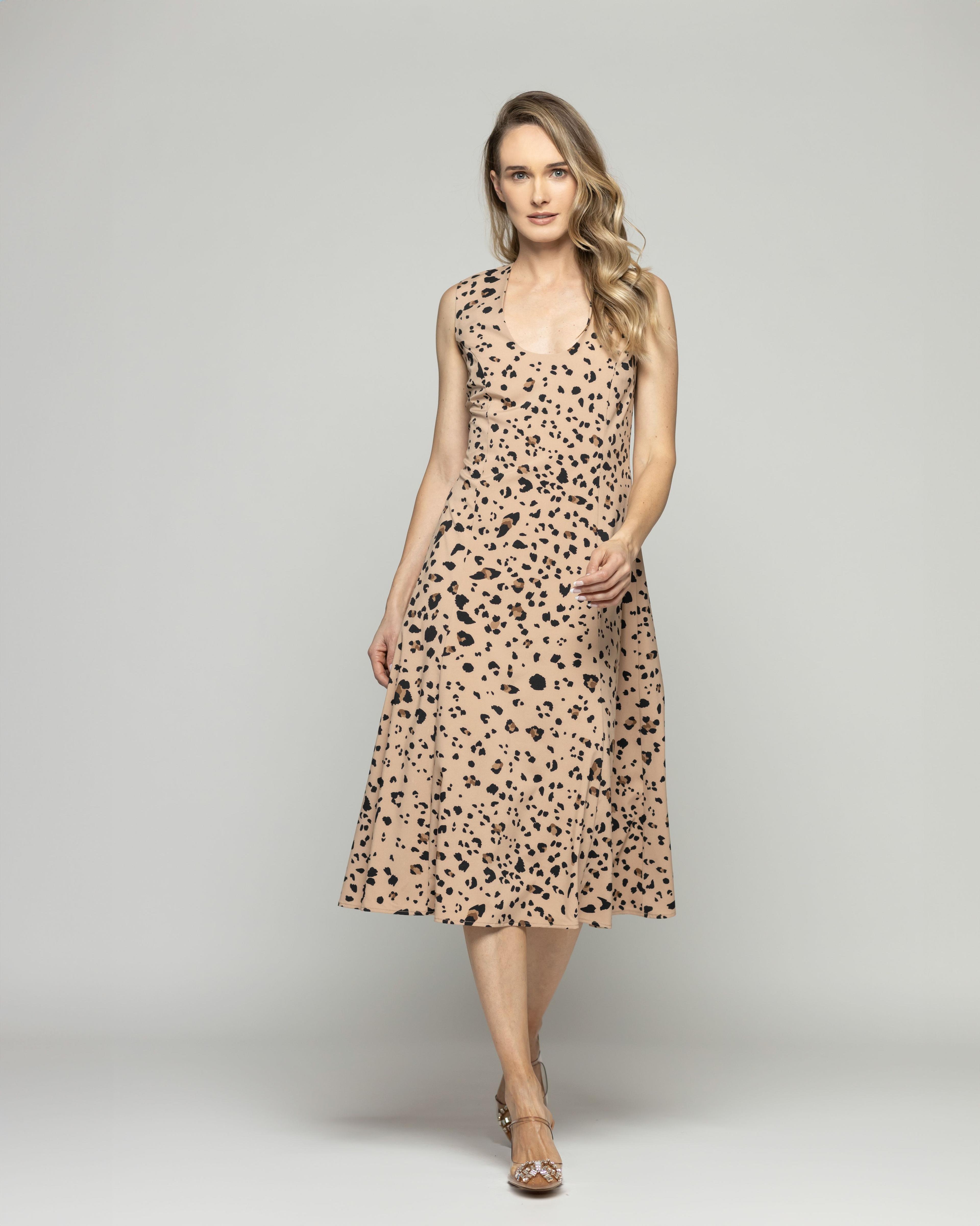 Vestido Mujer Vanda Midi Sin Mangas Animal Print Leopardo Café Ludovica-1
