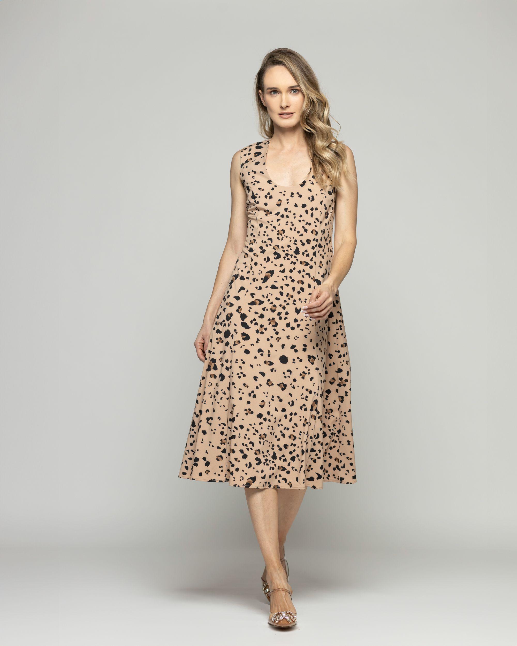 Vestido Mujer Vanda Midi Sin Mangas Animal Print Leopardo Café Ludovica-2