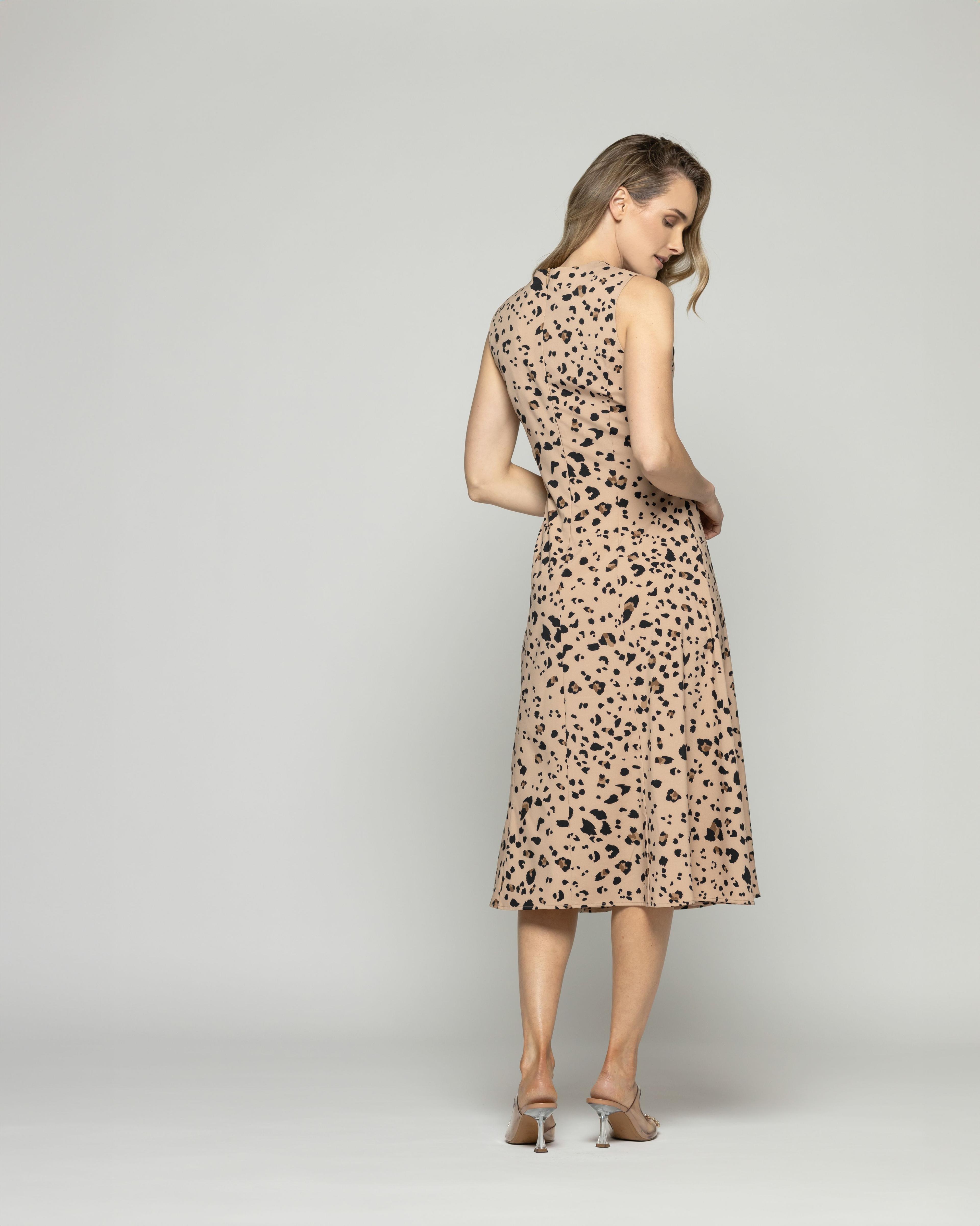 Vestido Mujer Vanda Midi Sin Mangas Animal Print Leopardo Café Ludovica-5