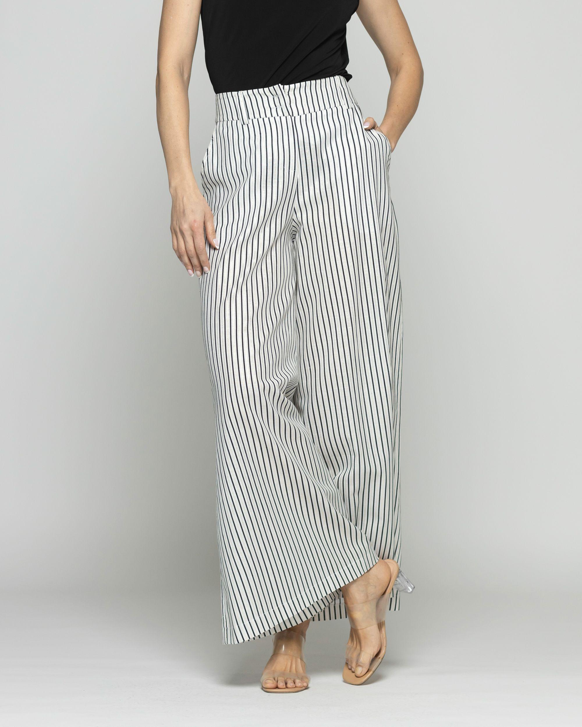 Pantalón Mujer Liatris Largo Clásico Algodón Rayas Negro Y Blanco Ludovica-2