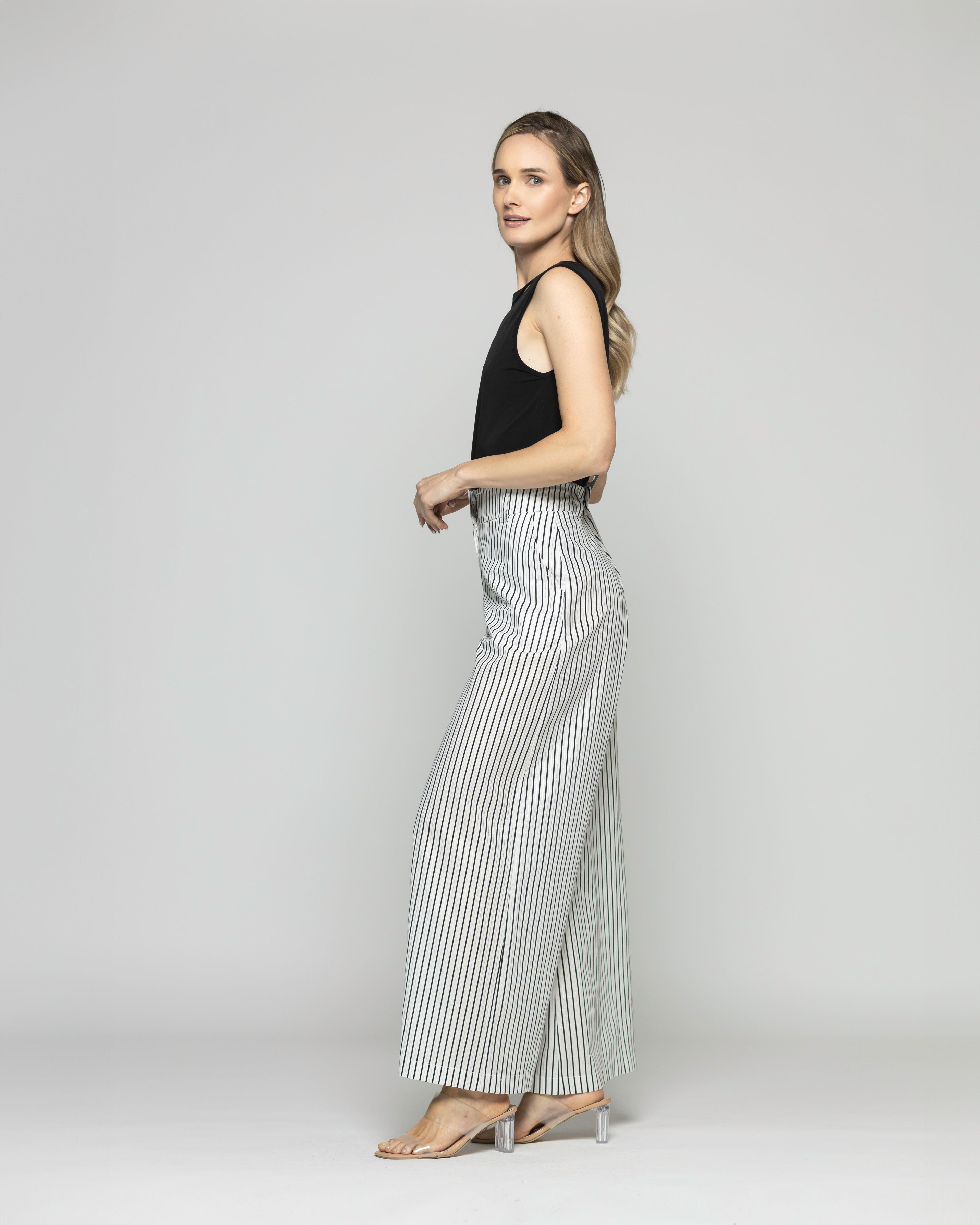 Pantalón Mujer Liatris Largo Clásico Algodón Rayas Negro Y Blanco Ludovica-3